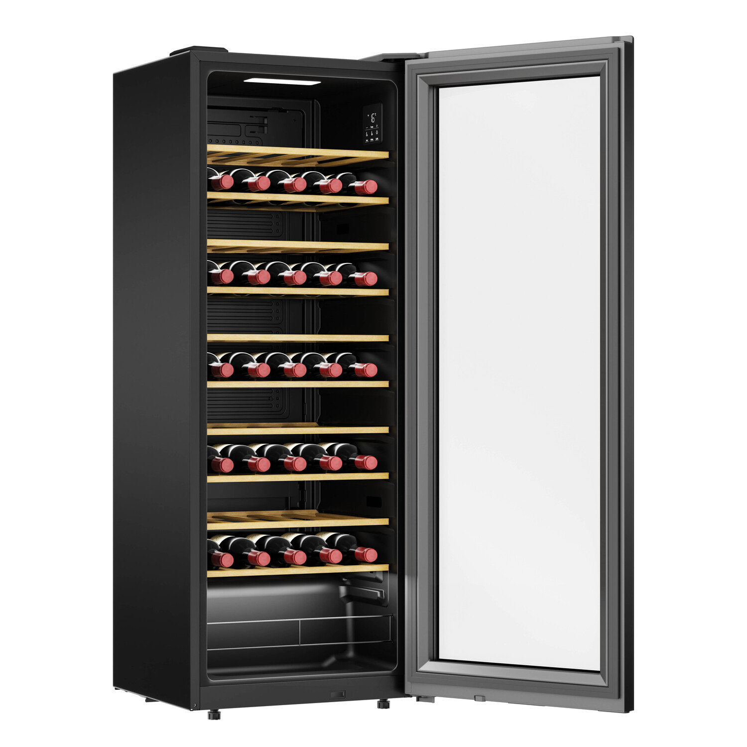 Un refrigerador de vino negro con puerta de vidrio, lleno de botellas de vino.