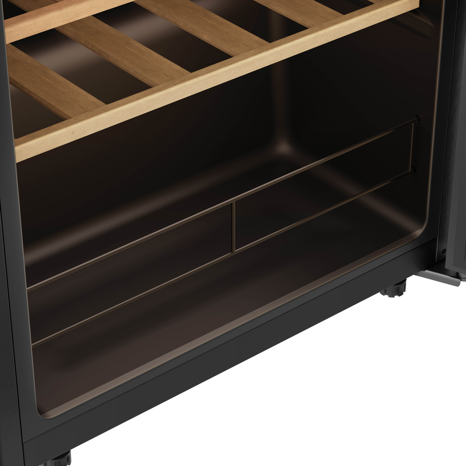 Interior negro de una vinoteca con estantes de madera. La puerta delantera está abierta, revelando los estantes.