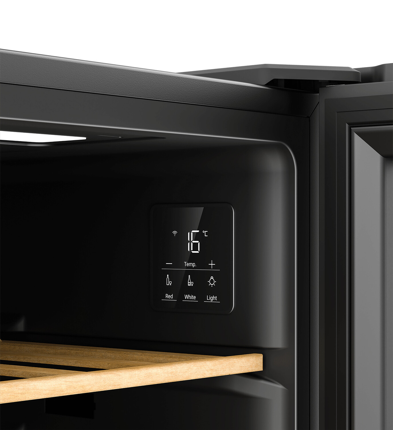 Vista interior de un enfriador de vino negro con una pantalla digital que muestra la temperatura.