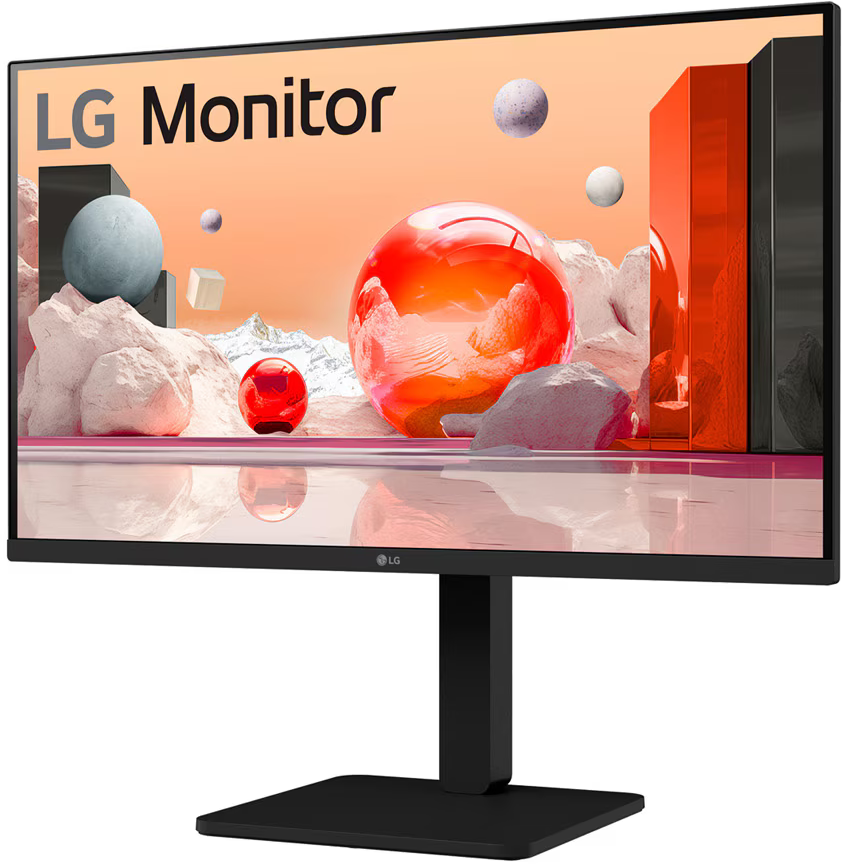 LG Monitor fekete állványon. A képernyő absztrakt hátteret mutat gömbökkel és geometriai formákkal.