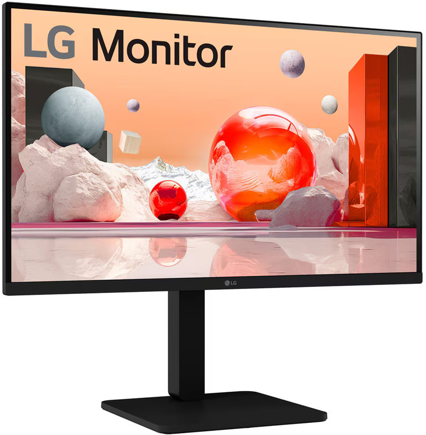 Fekete LG monitor fekete állvánnyal. A képernyő színes absztrakt művészetet jelenít meg.