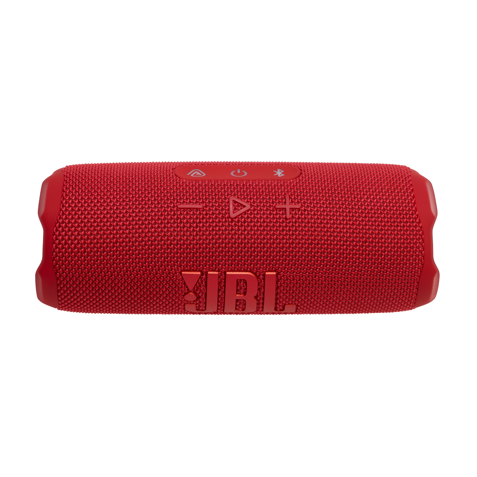 Siyah arka plan üzerinde kırmızı JBL hoparlör, güç, ses ve Bluetooth kontrolleri.