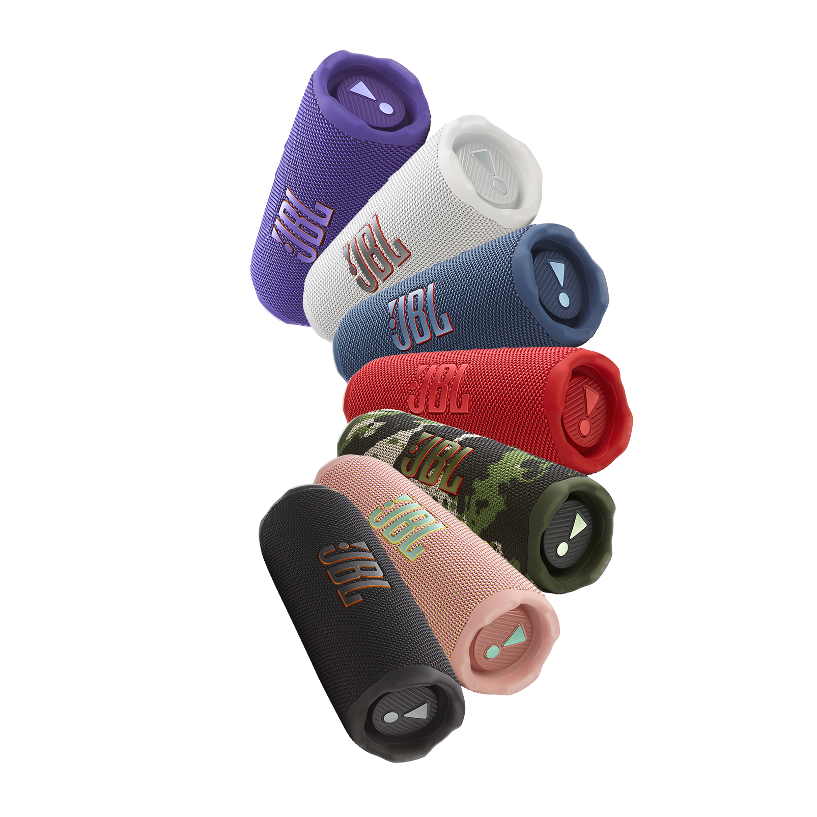 Renkli JBL hoparlör seti. Silindirik tasarım, çeşitli renkler ve JBL logosu.