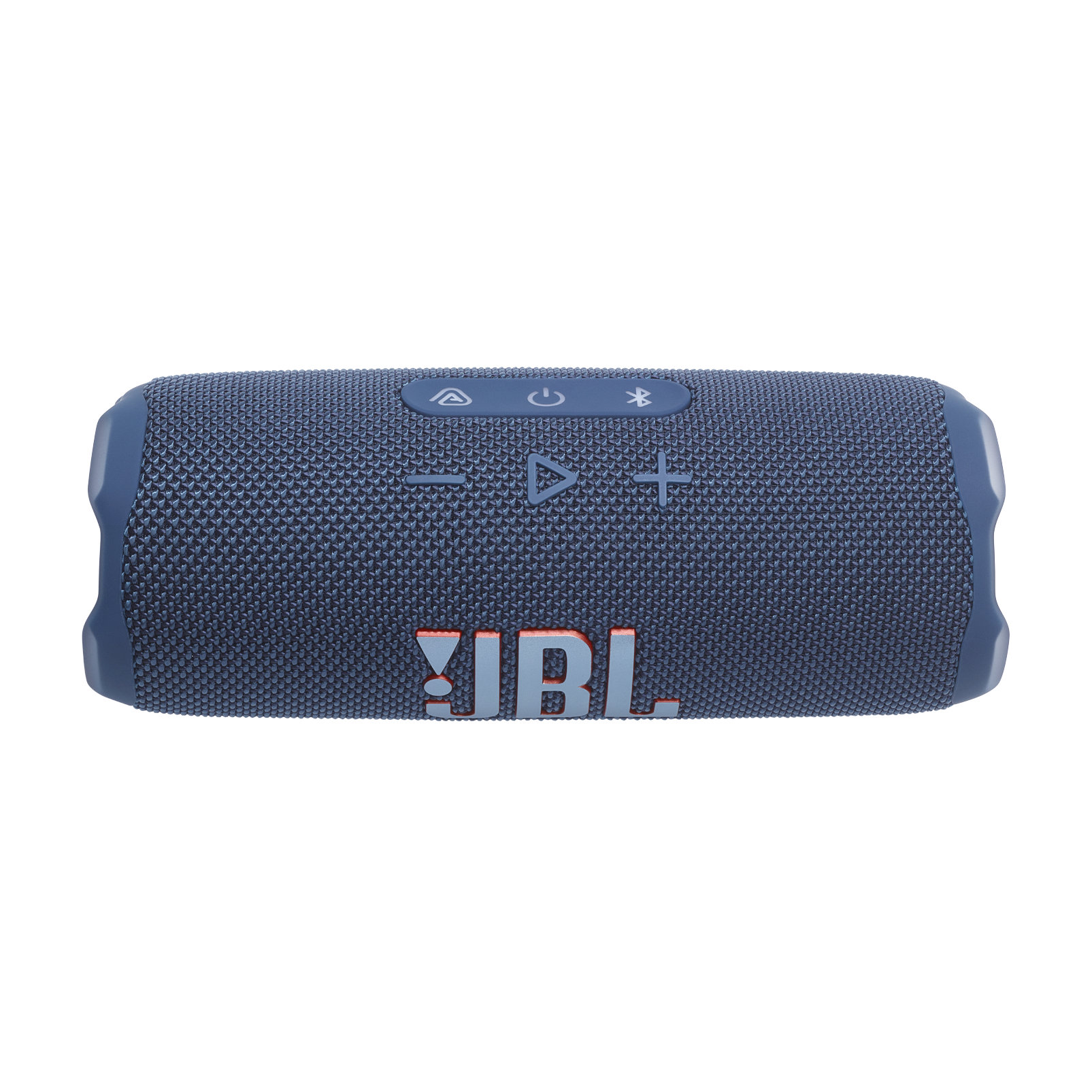 Beyaz zemin üzerinde kontrol düğmeleri olan mavi JBL taşınabilir hoparlör.