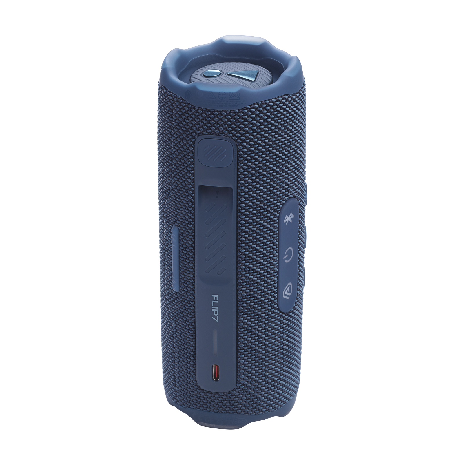 Mavi JBL Flip7 hoparlör, düğmeler ve şarj portu görünür durumda.