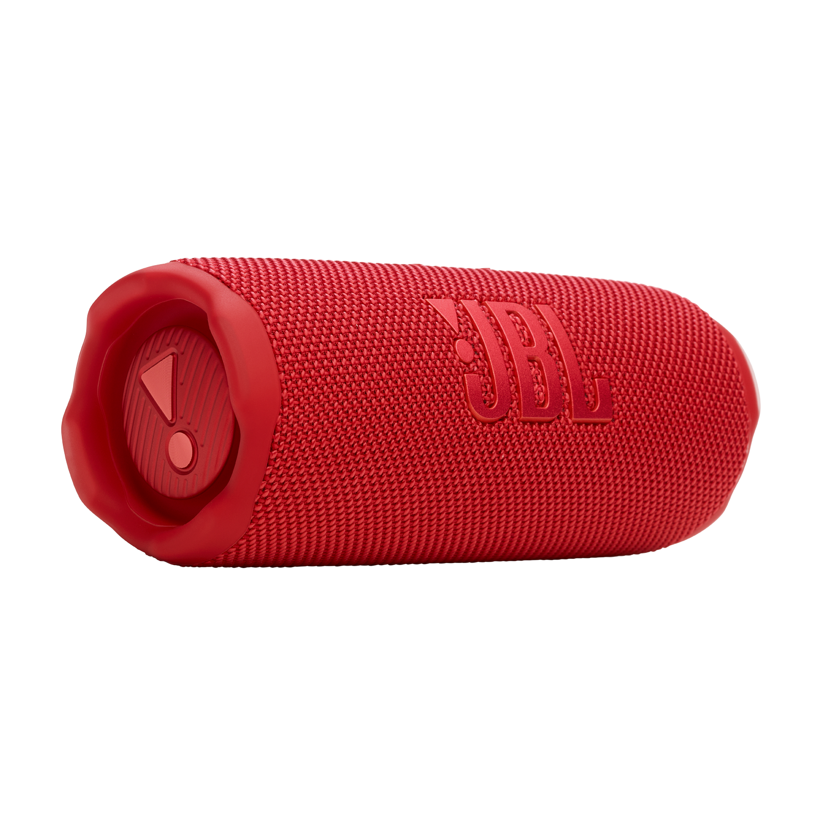 Kırmızı, silindirik taşınabilir hoparlör, yan görünüm, siyah arka plan.