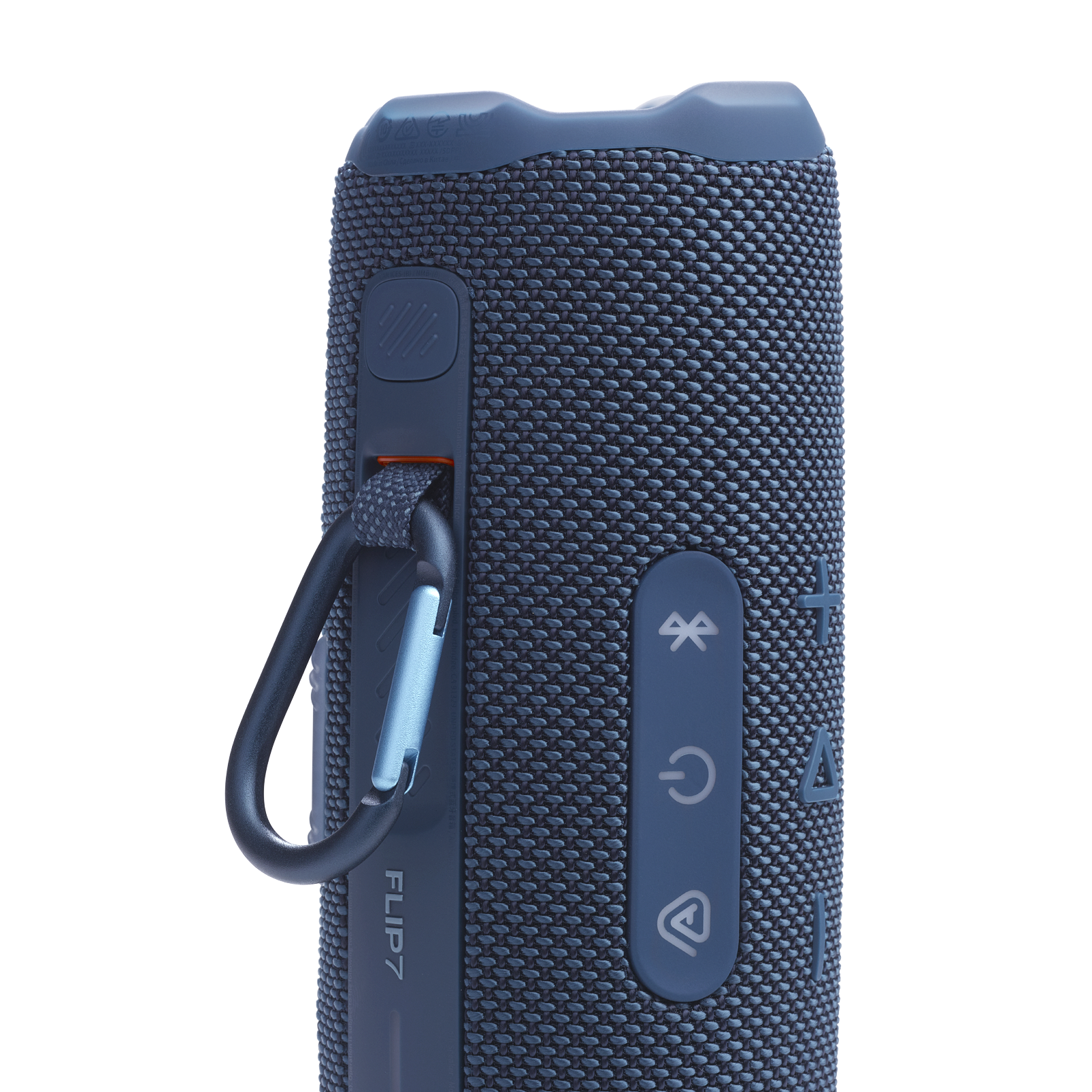 Siyah zemin üzerinde düğmeleri ve karabina ile mavi bir JBL Flip 7 hoparlör.