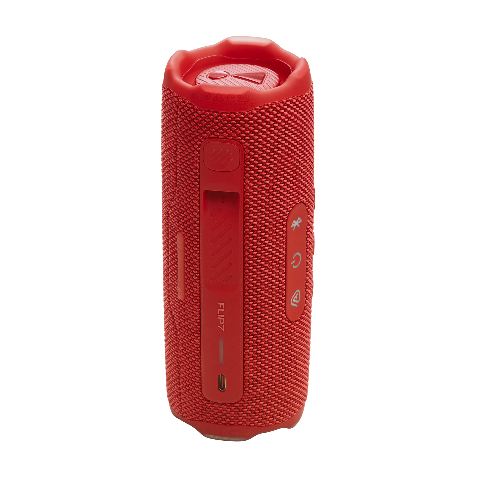 Kırmızı JBL Flip7 hoparlör, düğmeler ve şarj portu görünür durumda.