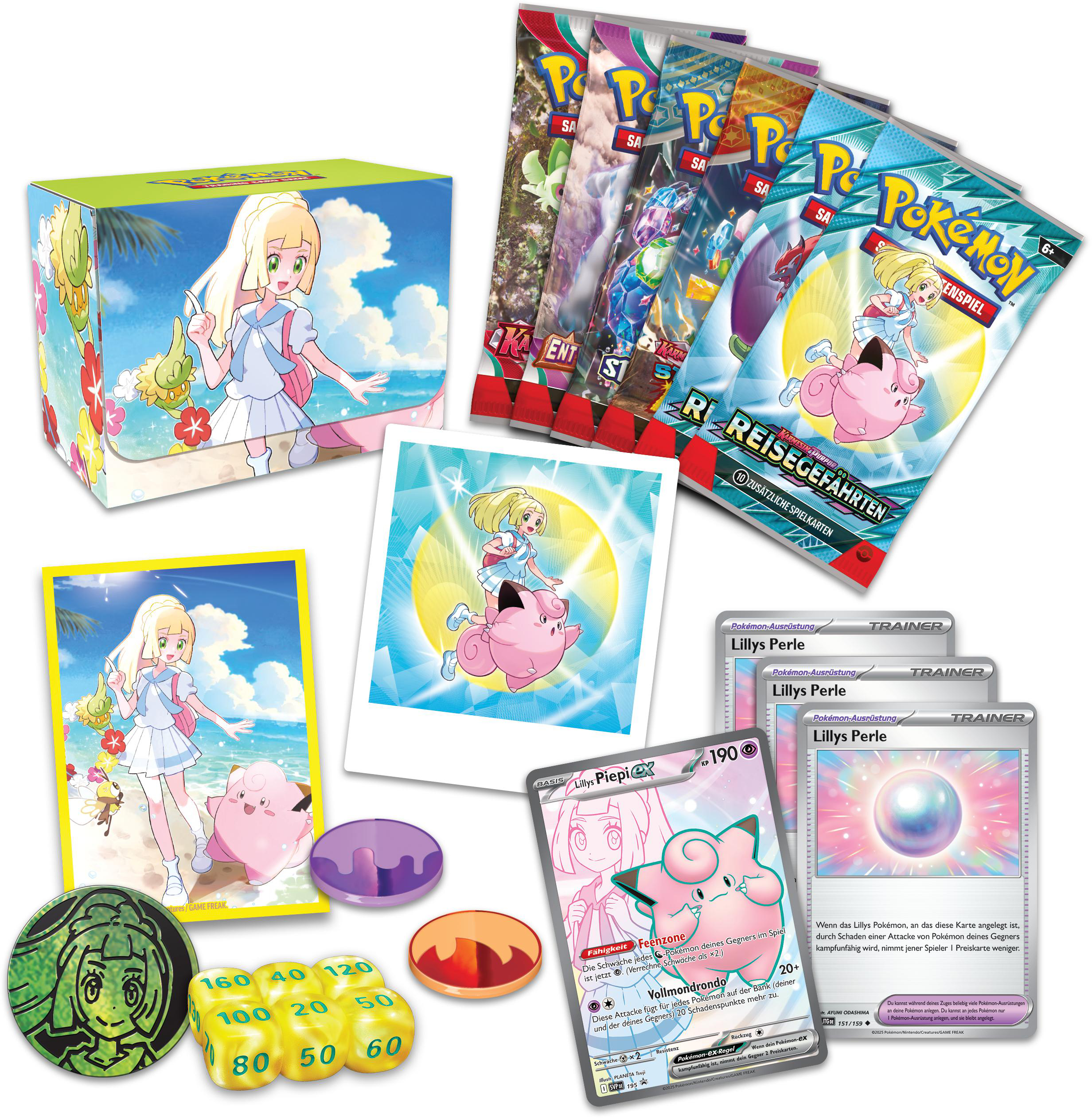 Pokemon-Sammelkartenspiel-Set. Enthält eine Box, Kartenpackungen, Karten, Würfel und Münzen. Verschiedene Farben.