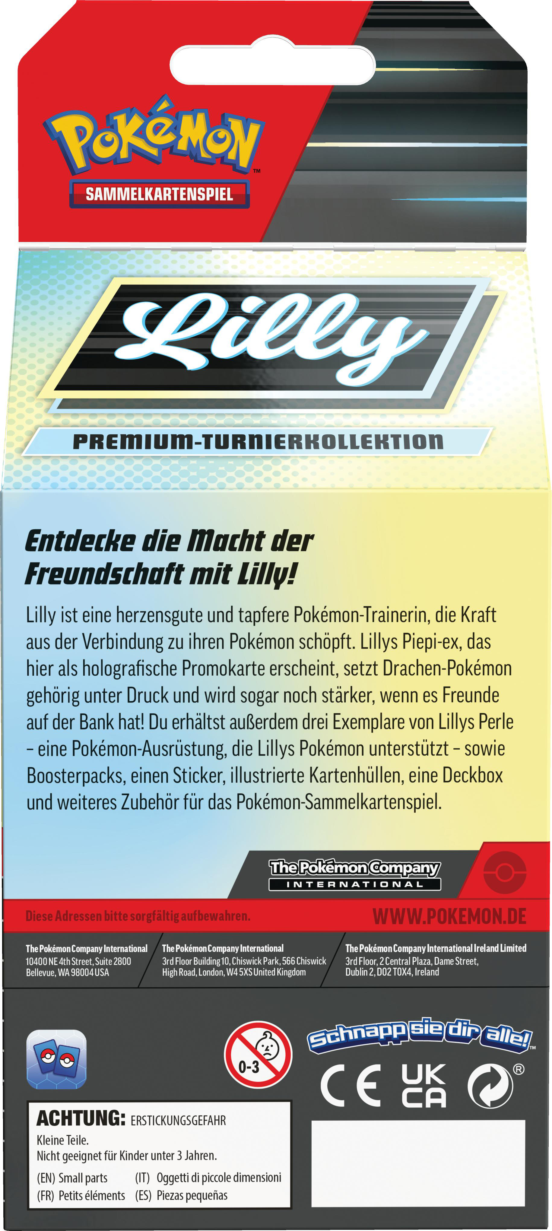 Rückseite einer Pokémon-Kartenpackung. Enthält das Wort "Lilly" und Text auf Deutsch über das Kartenspiel.