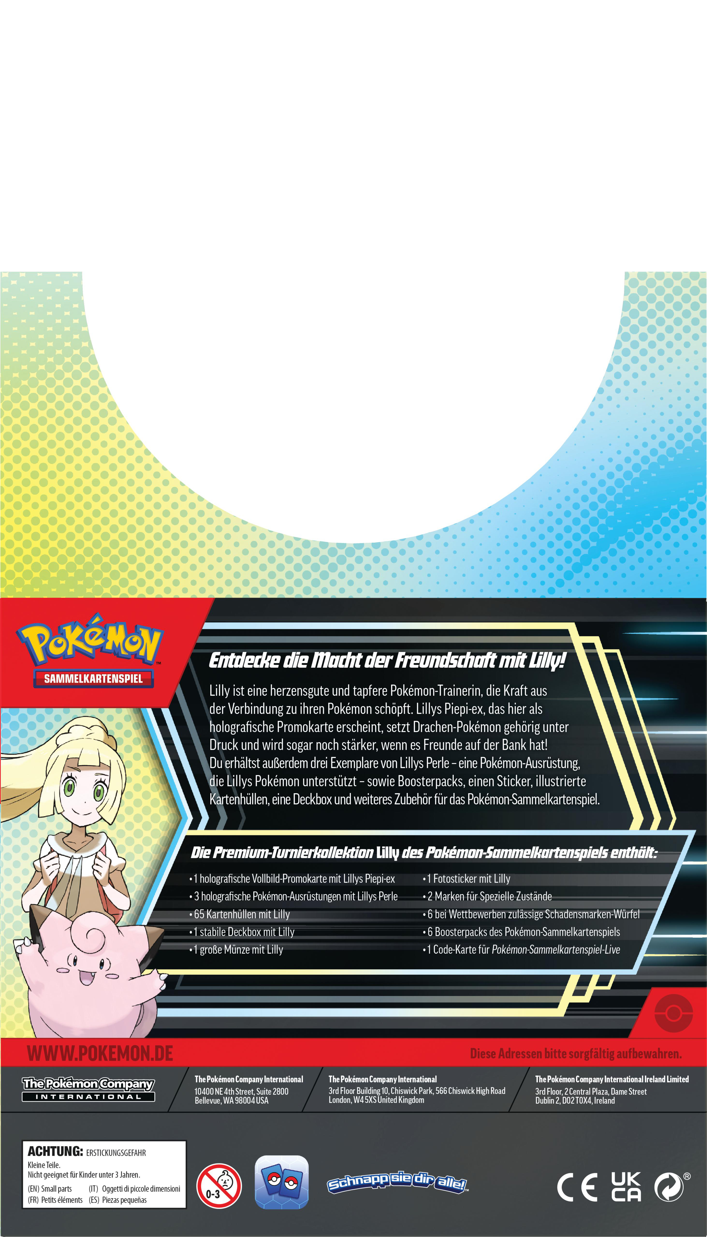 Pokemon Kartenpackung mit Lily, einem blonden Mädchen vorne, und Text auf Deutsch.