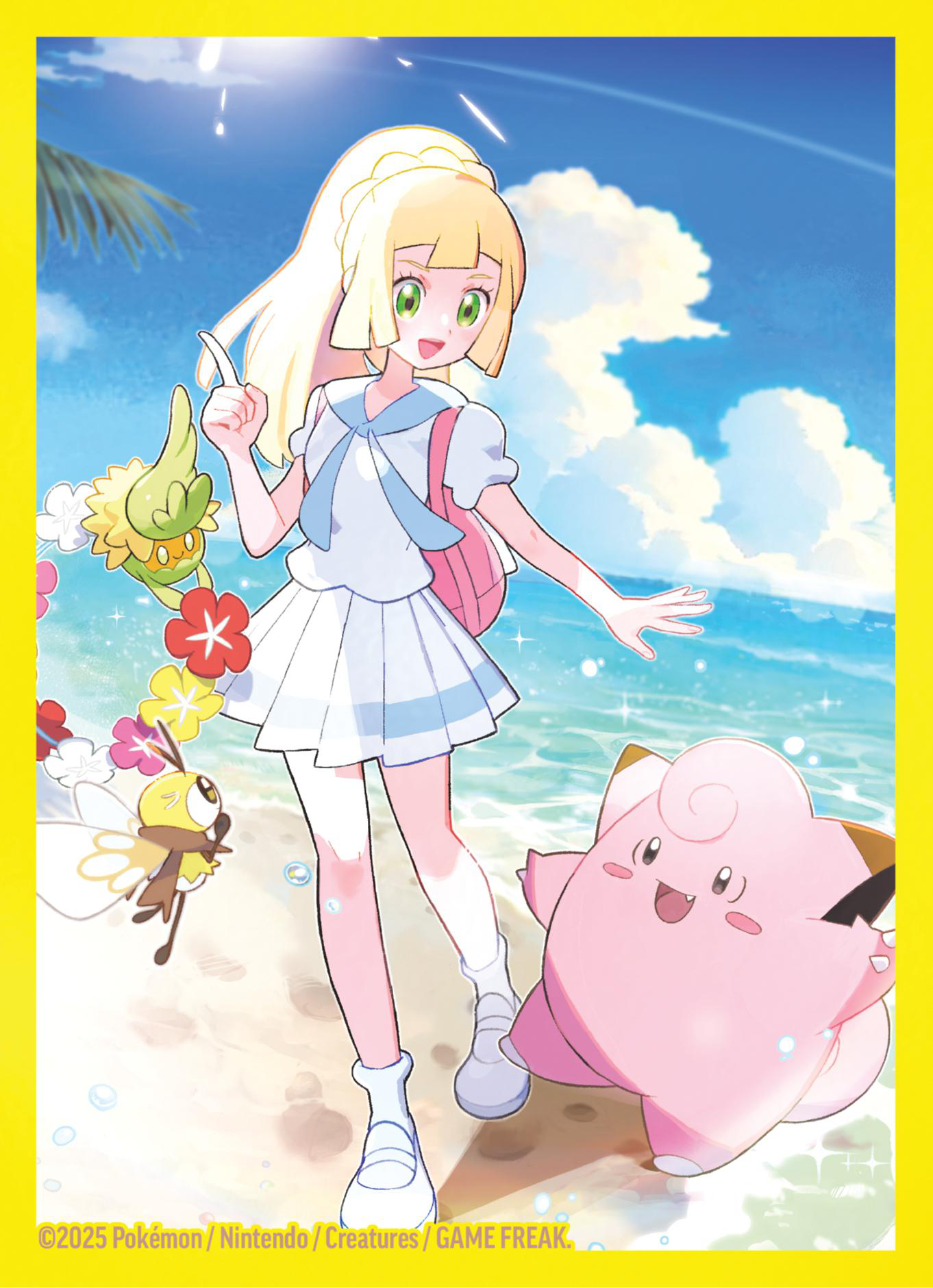 Anime-Illustration eines Mädchens und eines rosa Clefairy am Strand mit anderen Charakteren.