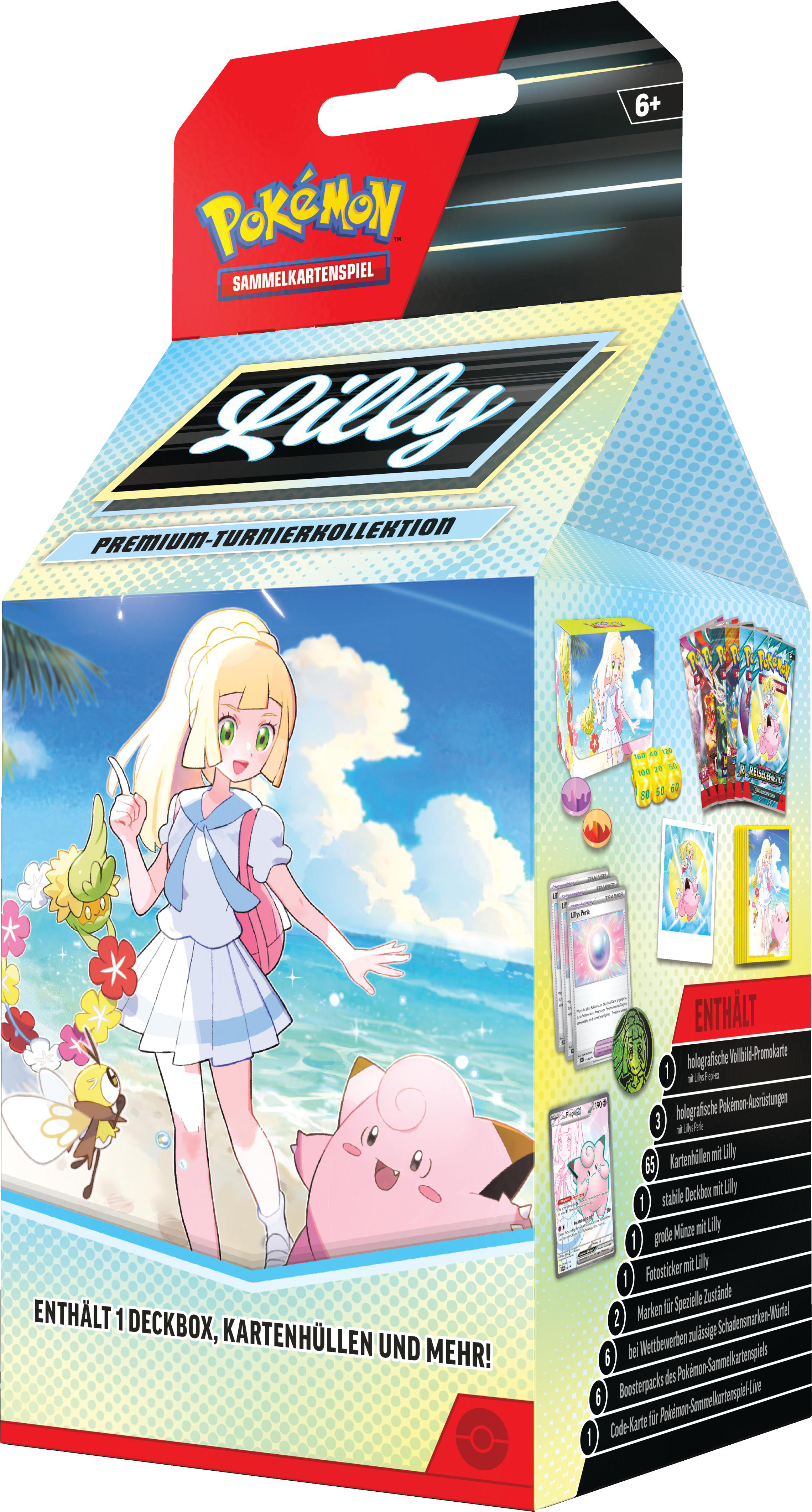 Pokemon-Kartenspielbox mit Lillie-Kunstwerk und Produktdetails, mit mehreren Karten.