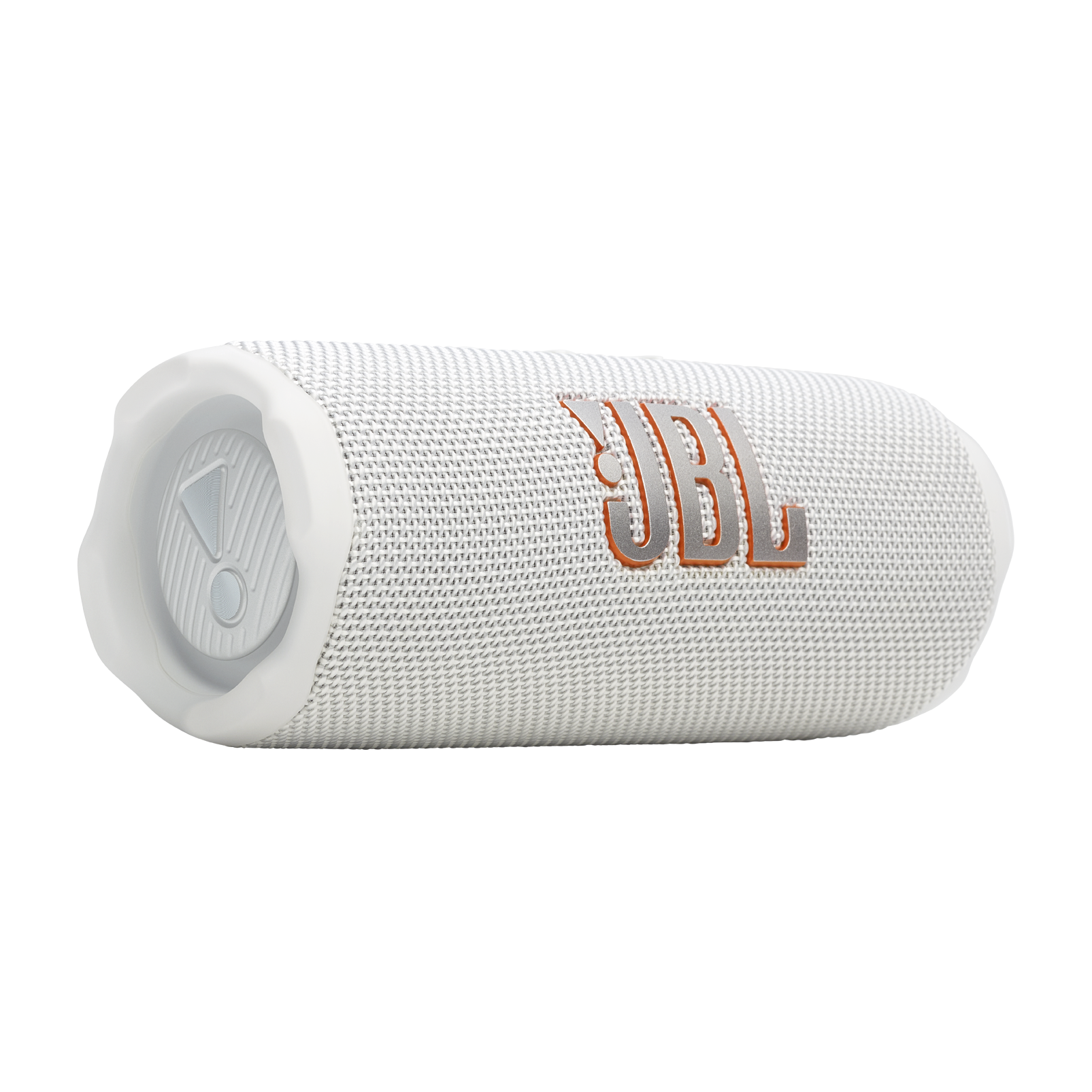 Turuncu logolu ve gri detaylı beyaz JBL hoparlör. Silindirik şekle sahip.