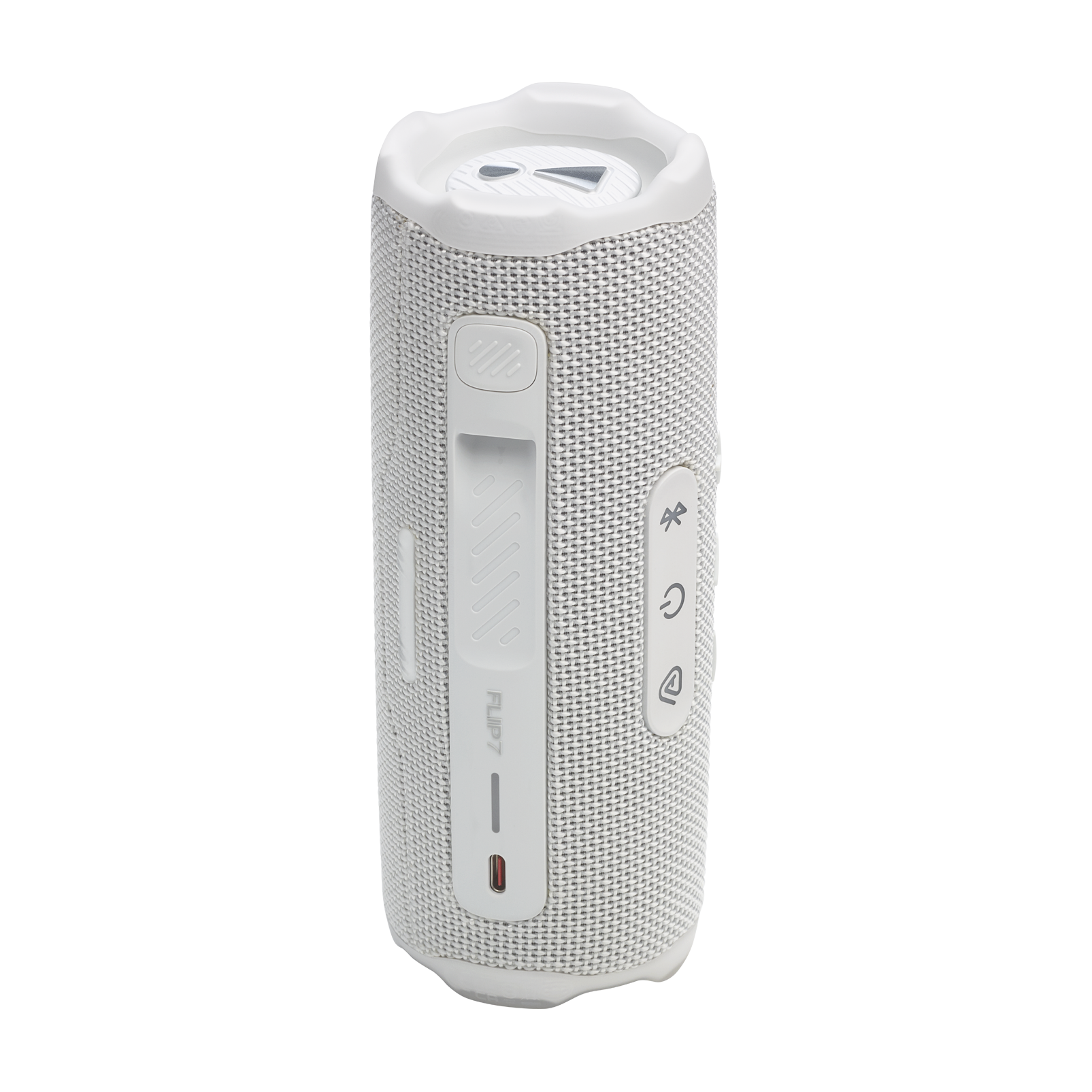 Kırmızı gösterge ışığına sahip beyaz, silindirik bir JBL Flip 7 taşınabilir Bluetooth hoparlör.