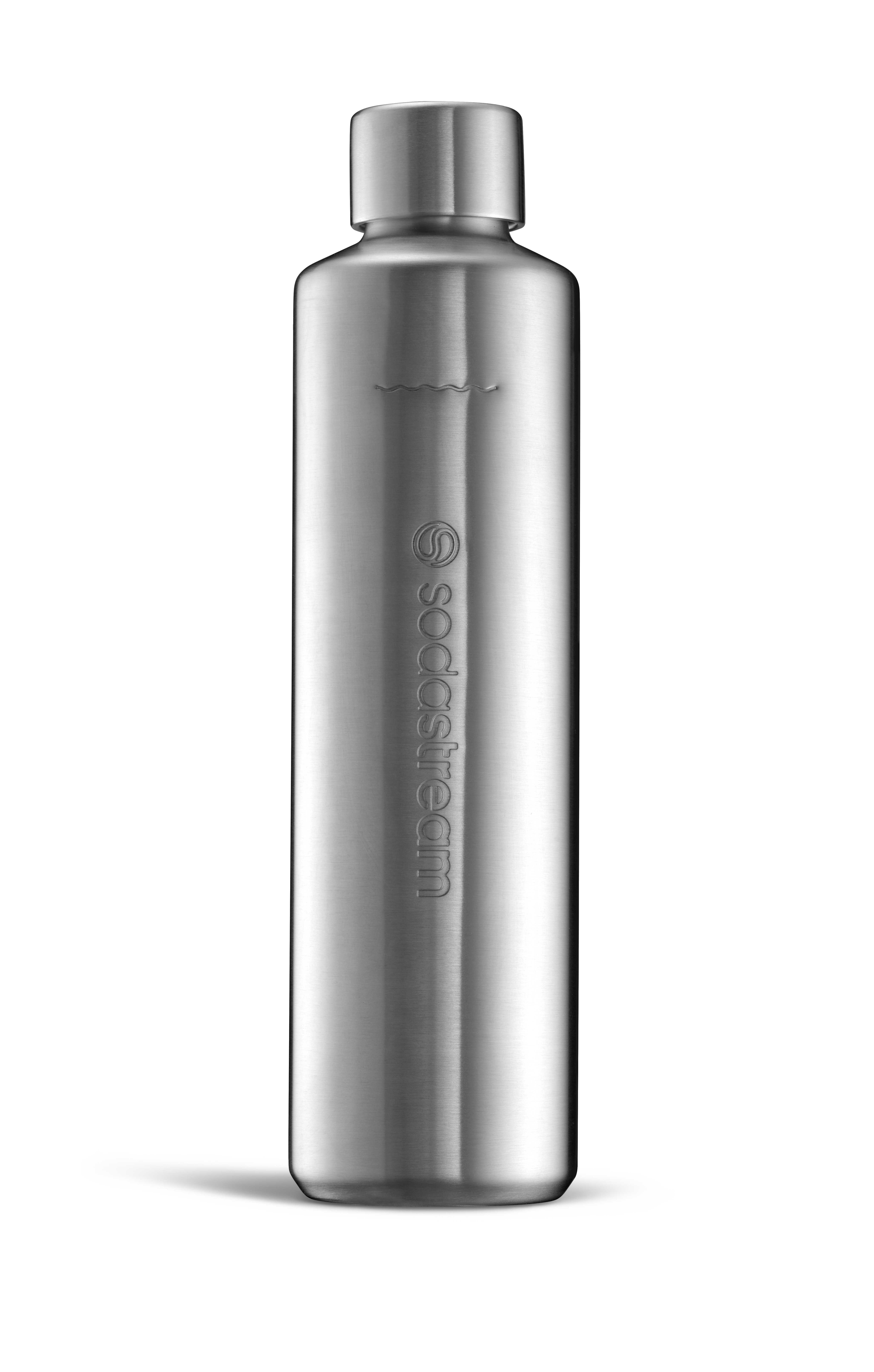 Eine silberne SodaStream-Wasserflasche auf weißem Untergrund, mit Markennamen sichtbar.