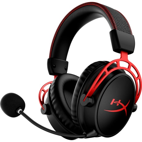 Zwarte en rode HyperX gaming headset. Met een zwarte microfoon en rode accenten op de oorschelpen en hoofdband.