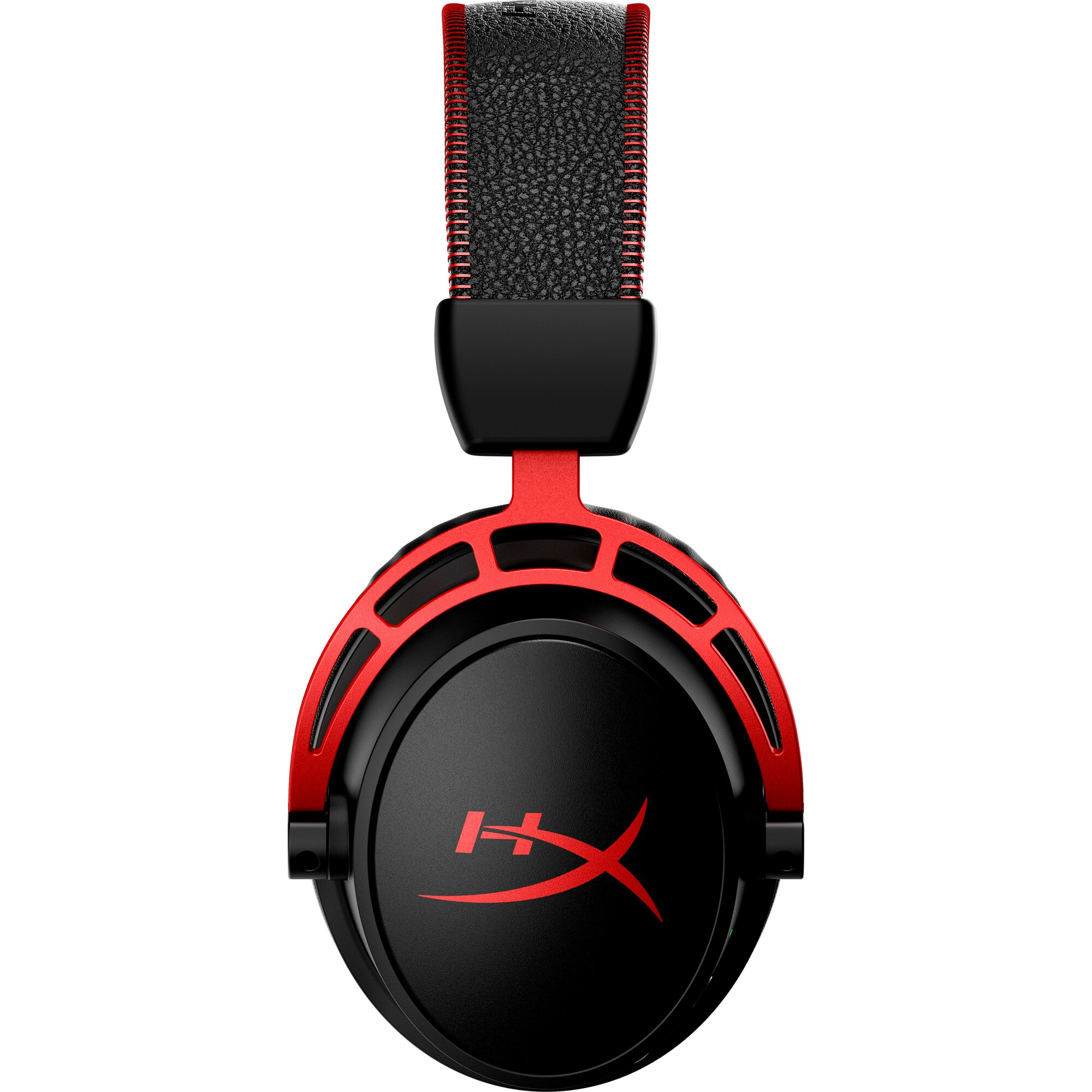 Rode en zwarte gamingkoptelefoon met het 'HyperX'-logo. Zwarte hoofdband en oorschelpen met rode accenten.