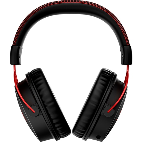 Zwarte hoofdtelefoon met rode accenten. De oorschelpen zijn over-ear, zwarte achtergrond.