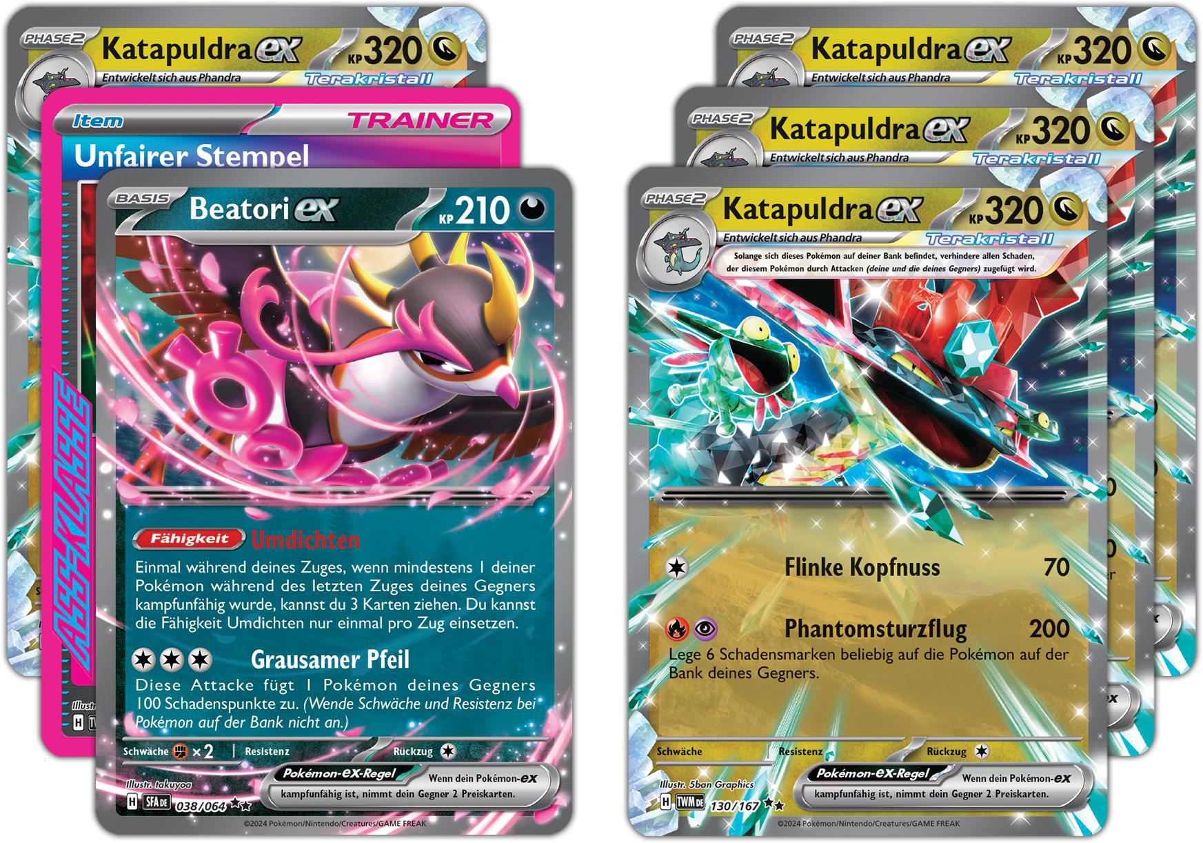 Verschiedene Pokémon-Karten. Eine rosa Karte mit einem Charakter und mehrere Katapuldra EX-Karten.
