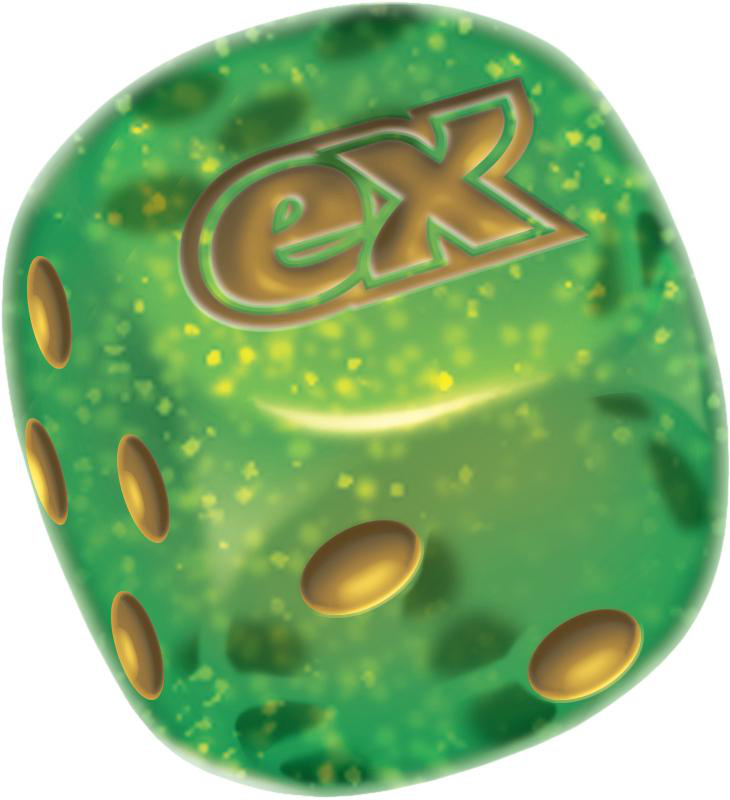 Ein grüner Würfel mit goldenen Buchstaben 'ex' und goldenen Punkten für Zahlen.