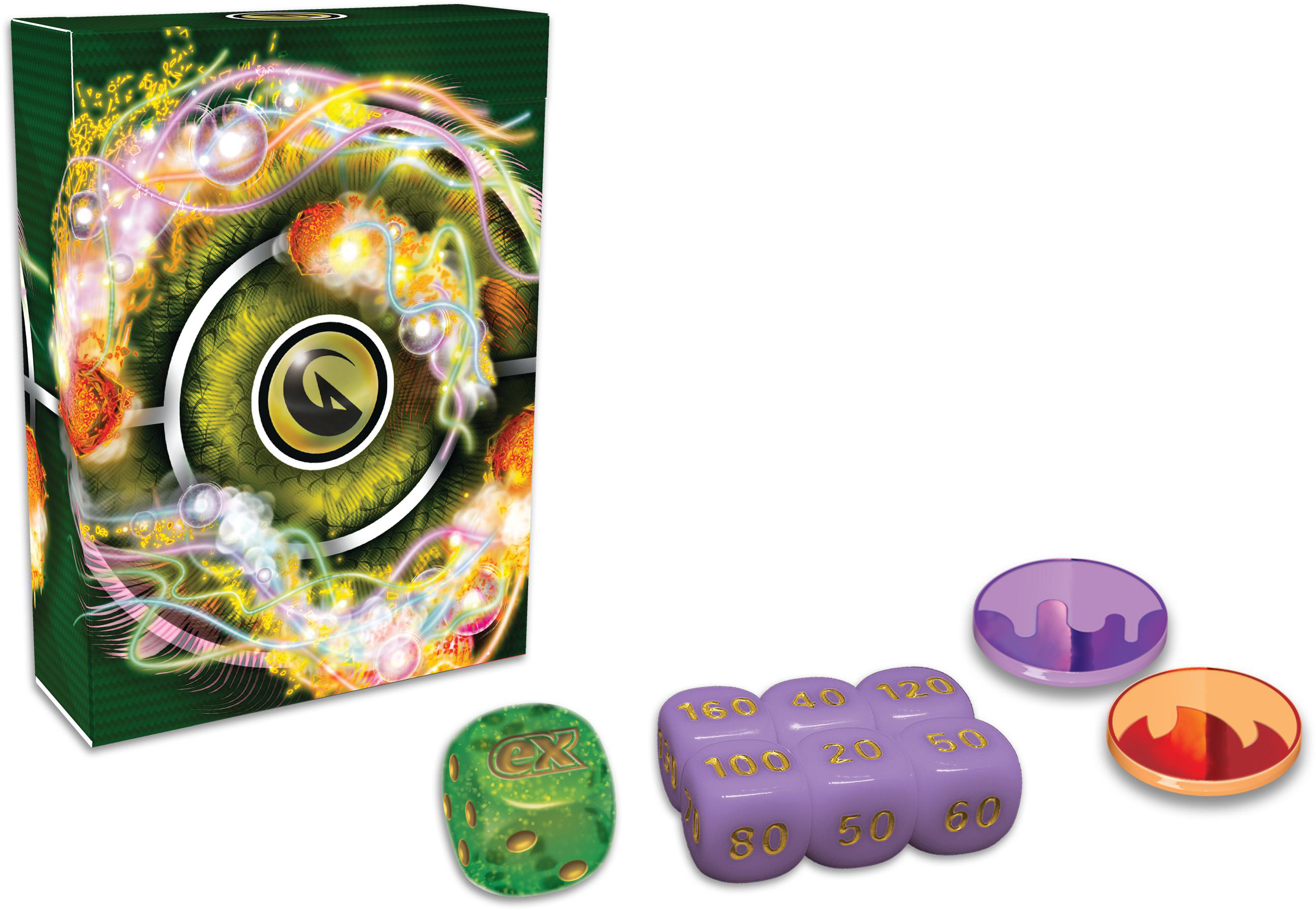 Pokemon-Kartenspielbox, Würfel und Zähler. Grün, Lila und Goldfarben.
