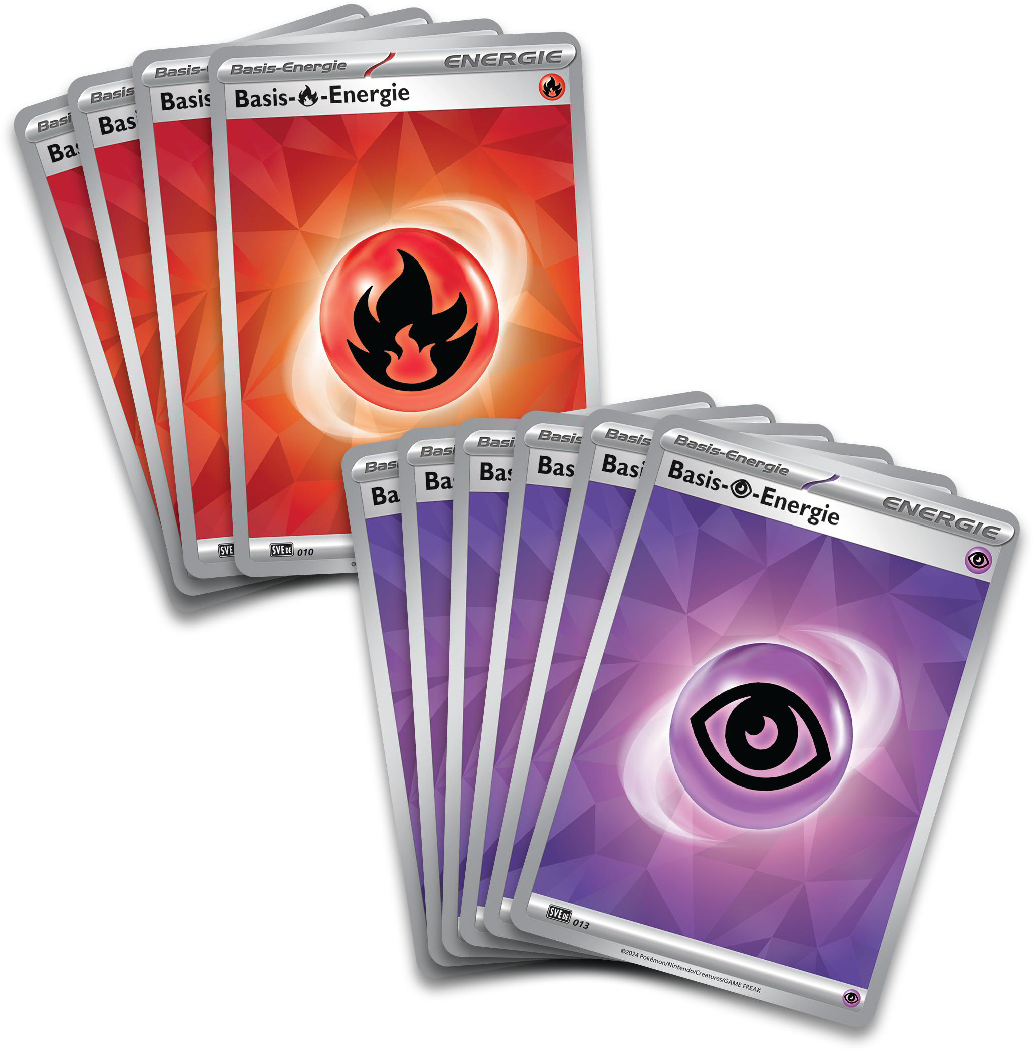 Nahaufnahme von Pokémon-Energiekarten mit roten und lila Designs und Text.