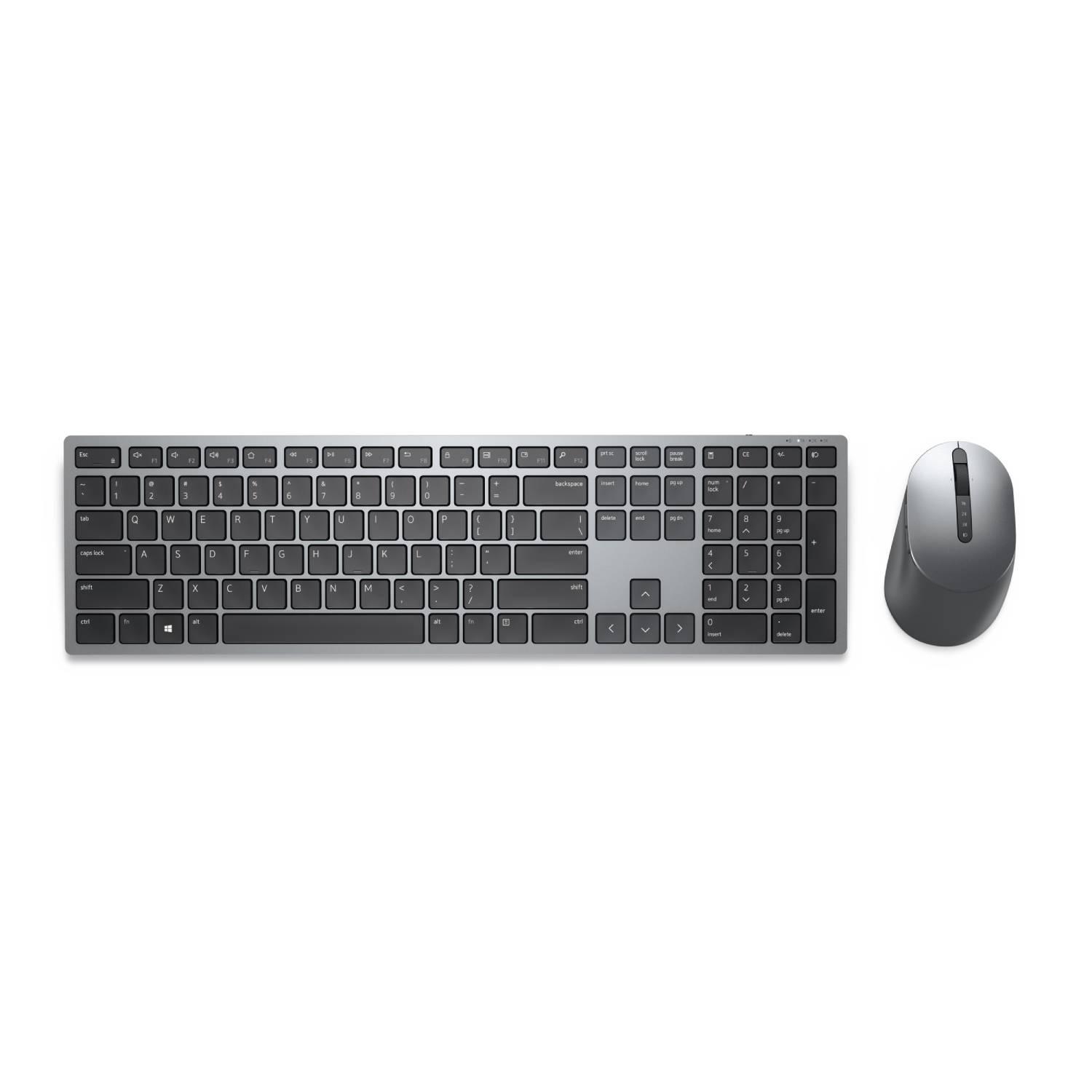 Juego de teclado y ratón inalámbricos grises sobre una superficie blanca.