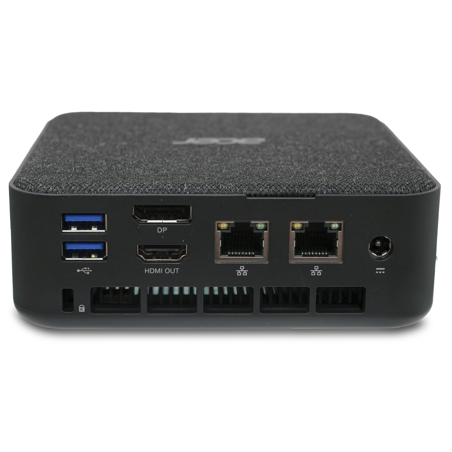 A black Acer device, showing various ports. USB, HDMI, and other connection ports are visible.