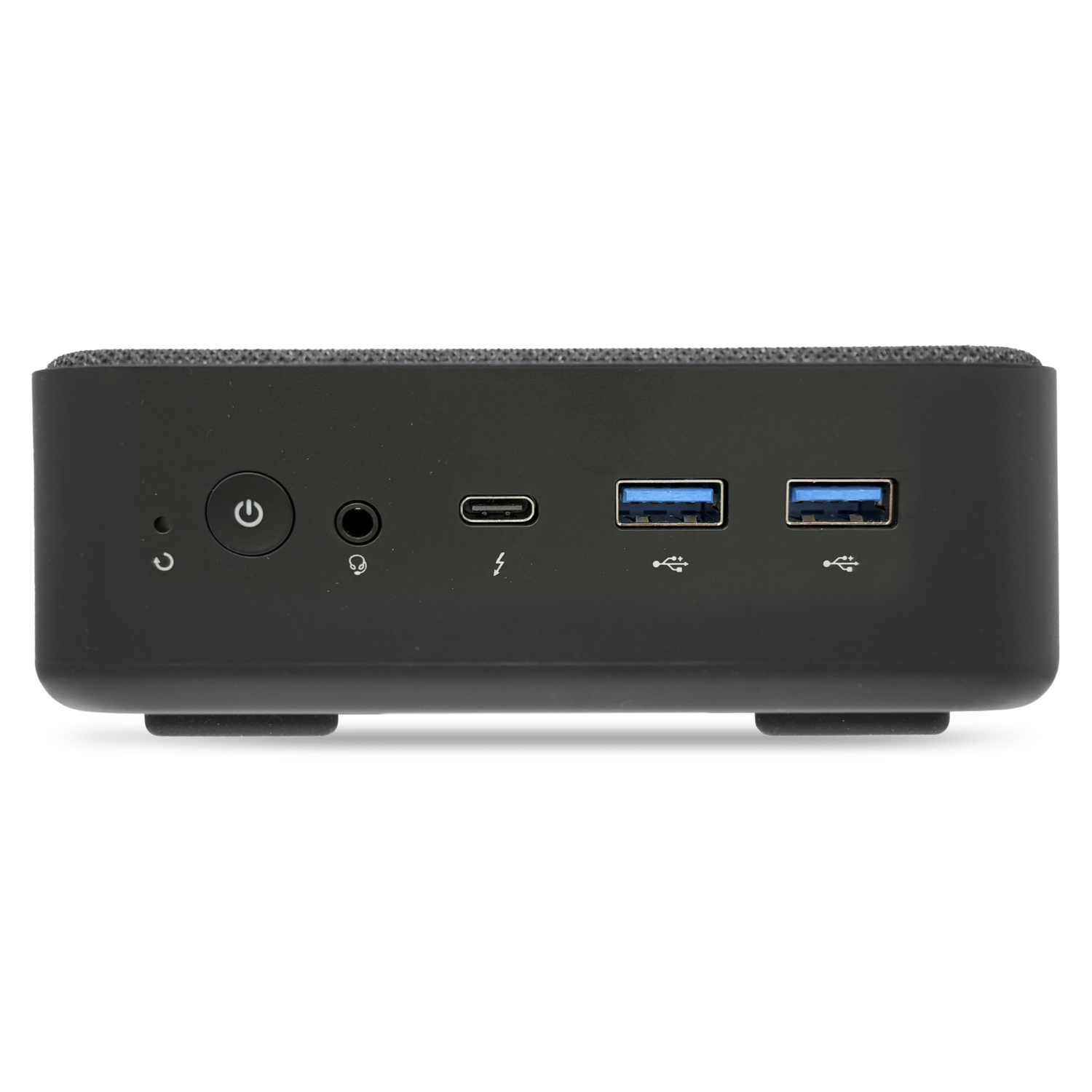 Black mini PC front view. Power button, headphone jack, USB ports, and other ports.