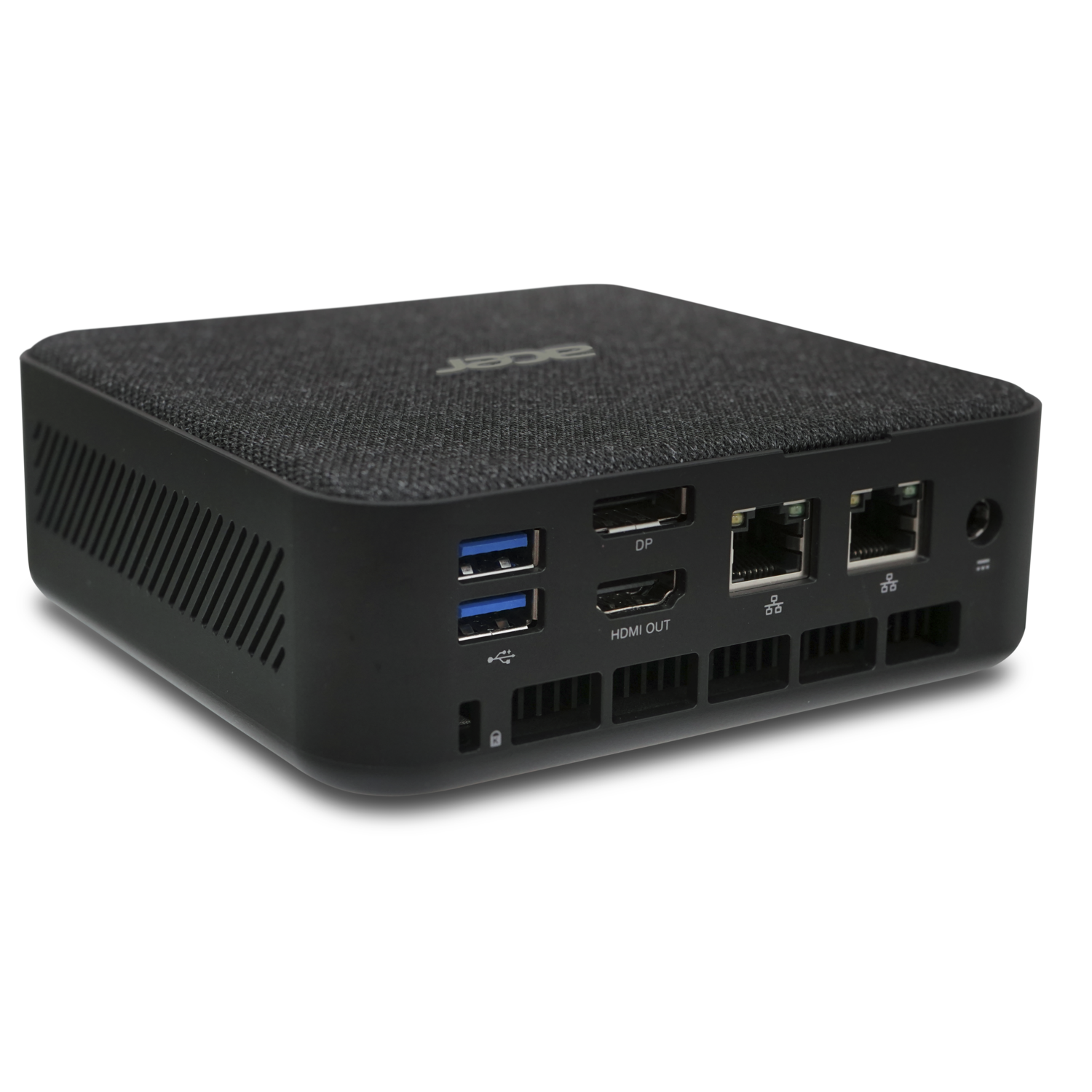 A black Acer mini PC with ports on the back and front.