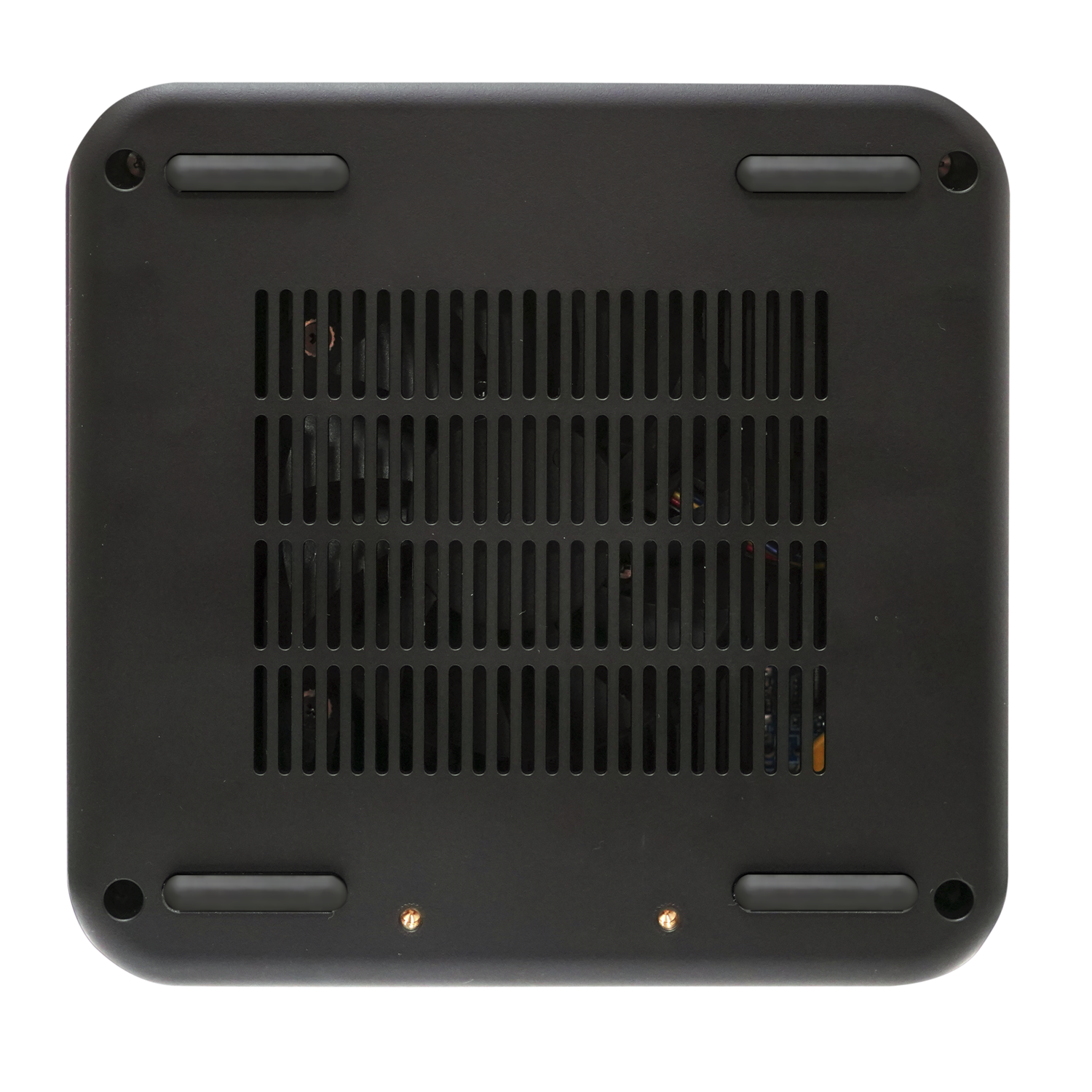 Black device bottom view with vent holes and four small rubber feet.