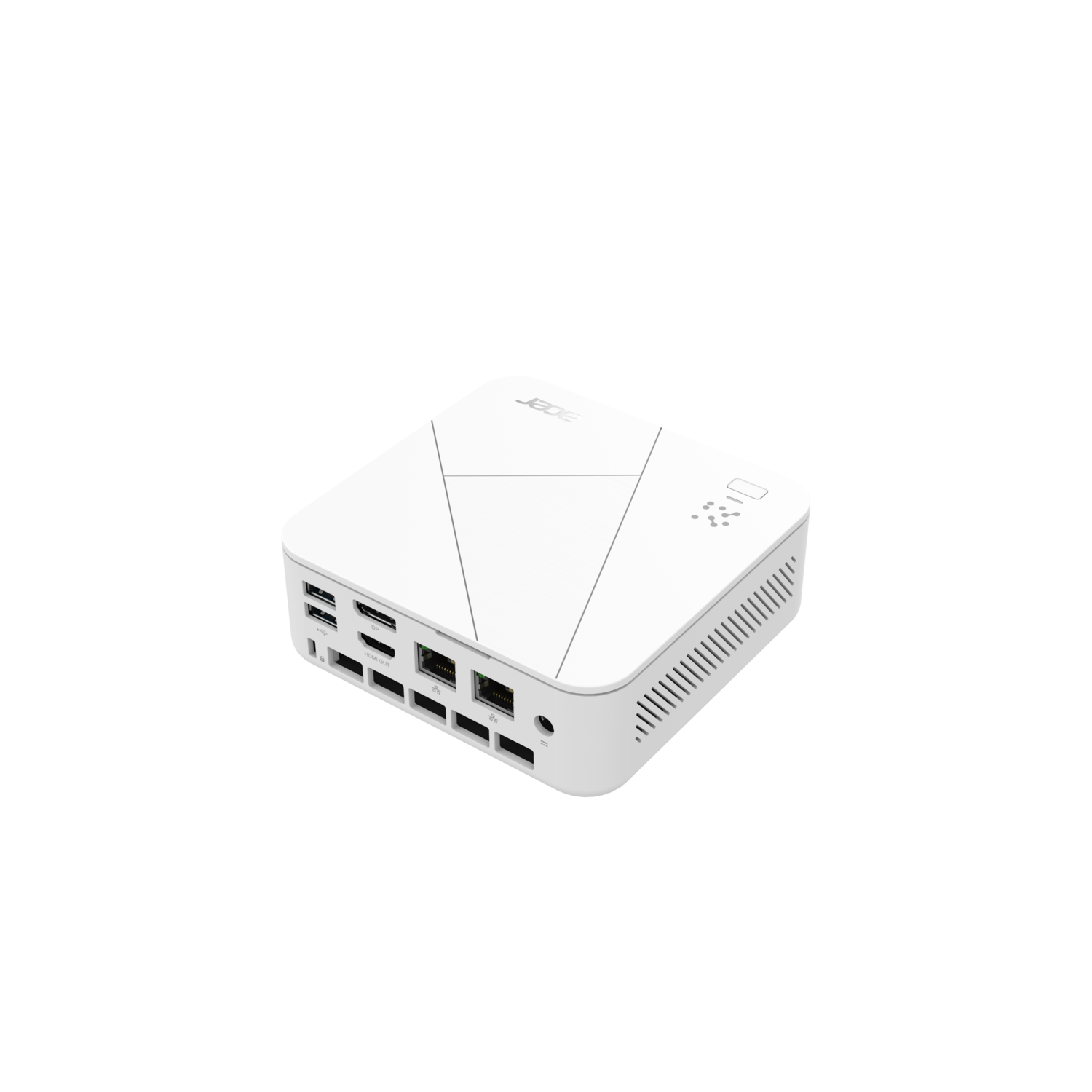 White computer with multiple ports and the Acer logo. Black background.