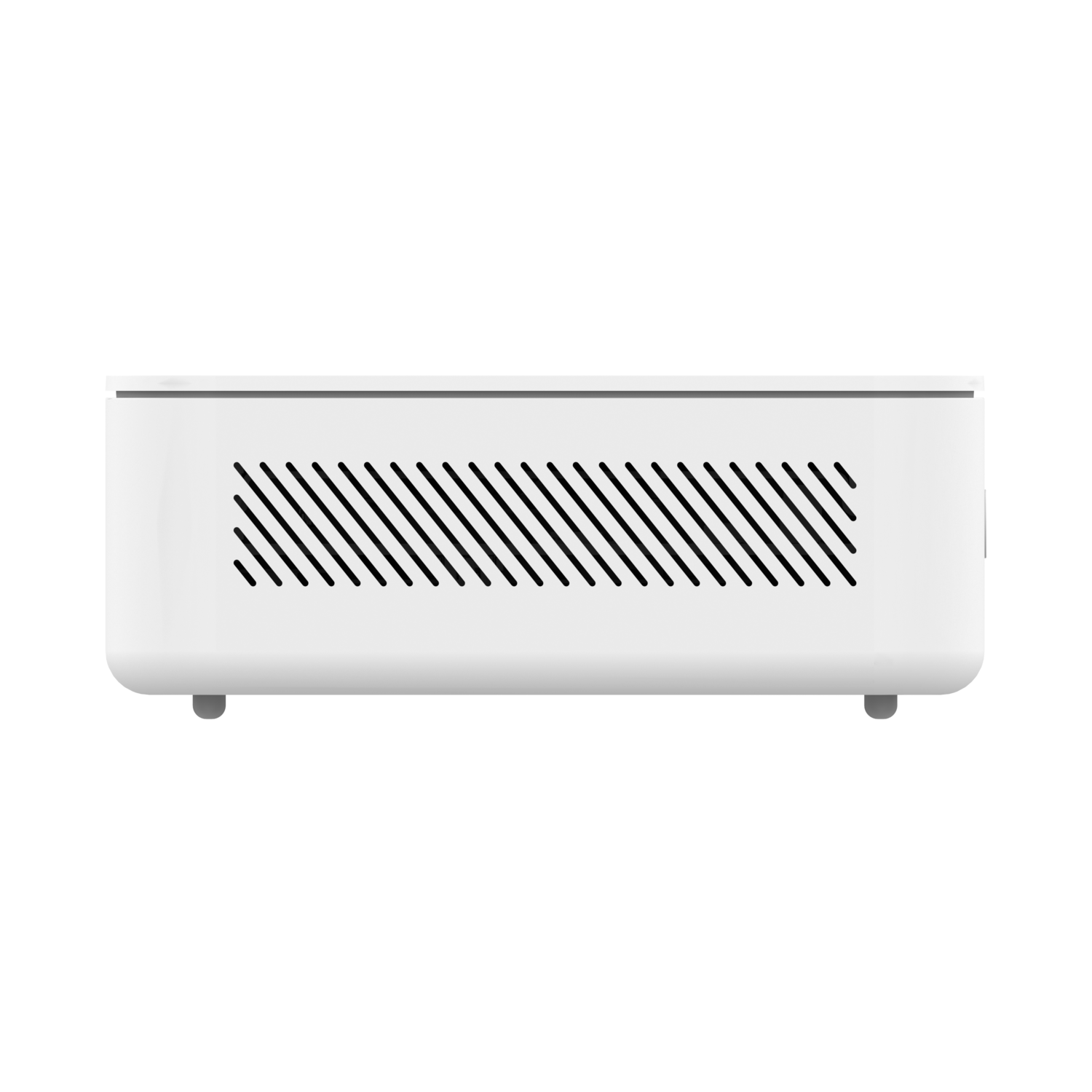 White computer with ventilation slots. Black background.