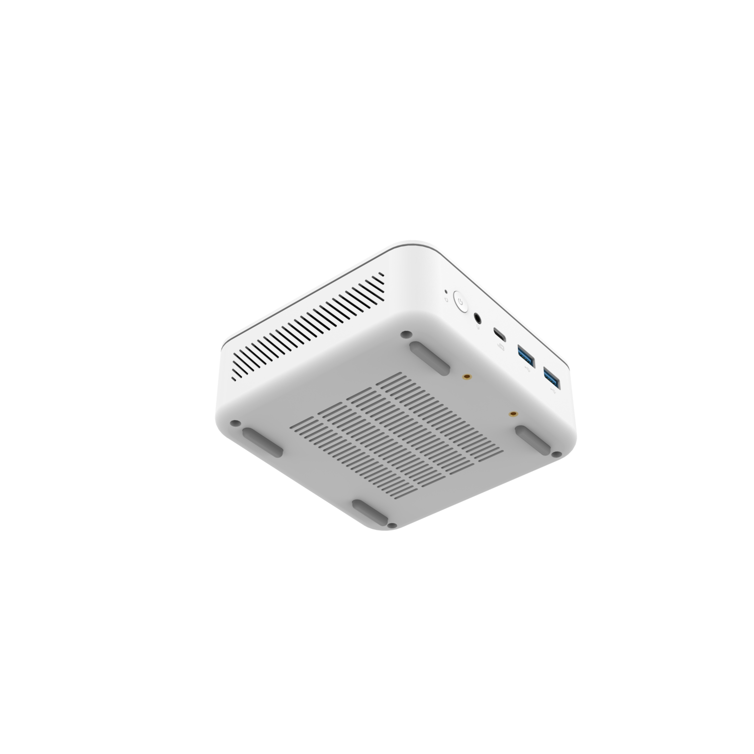 White mini computer with ports on the side and bottom.