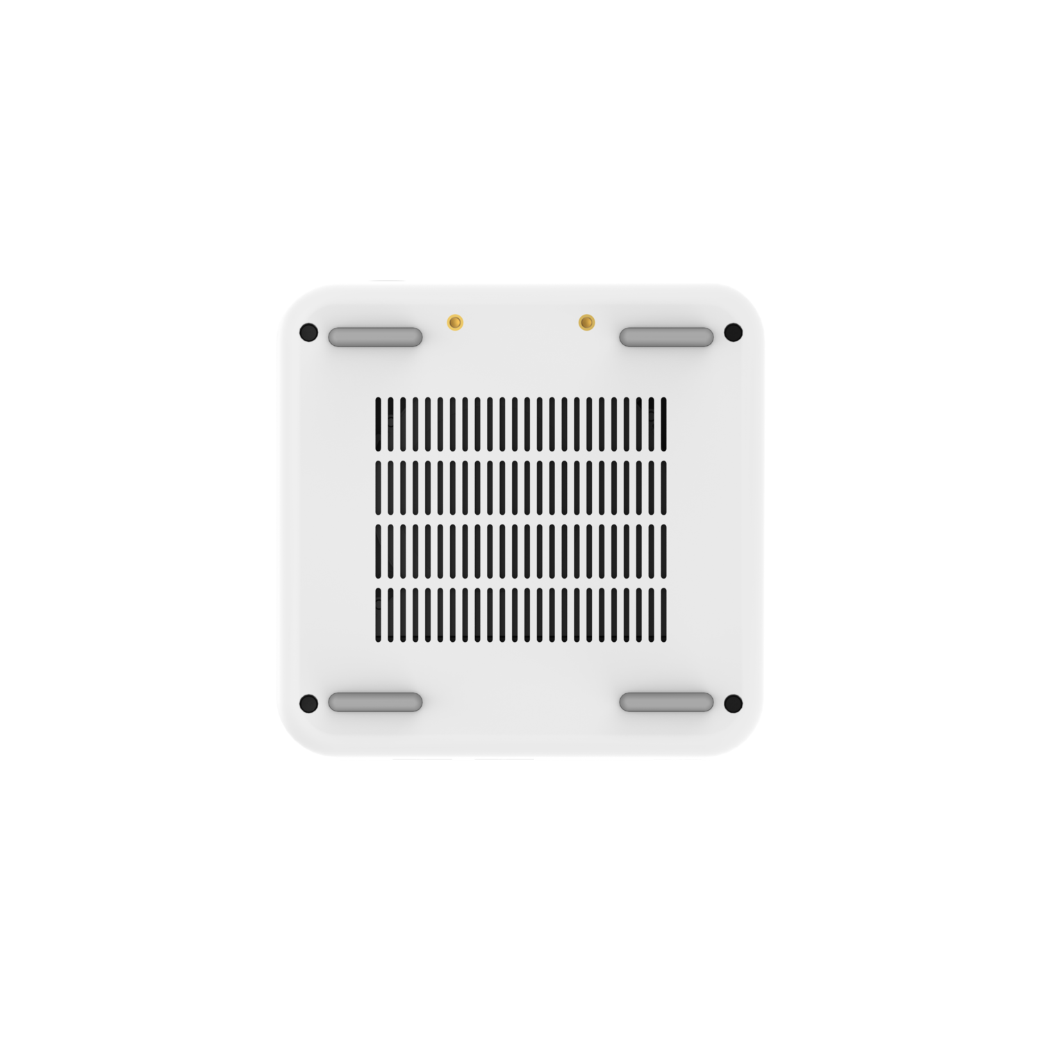 A white, square-shaped device base with a series of vertical slits.