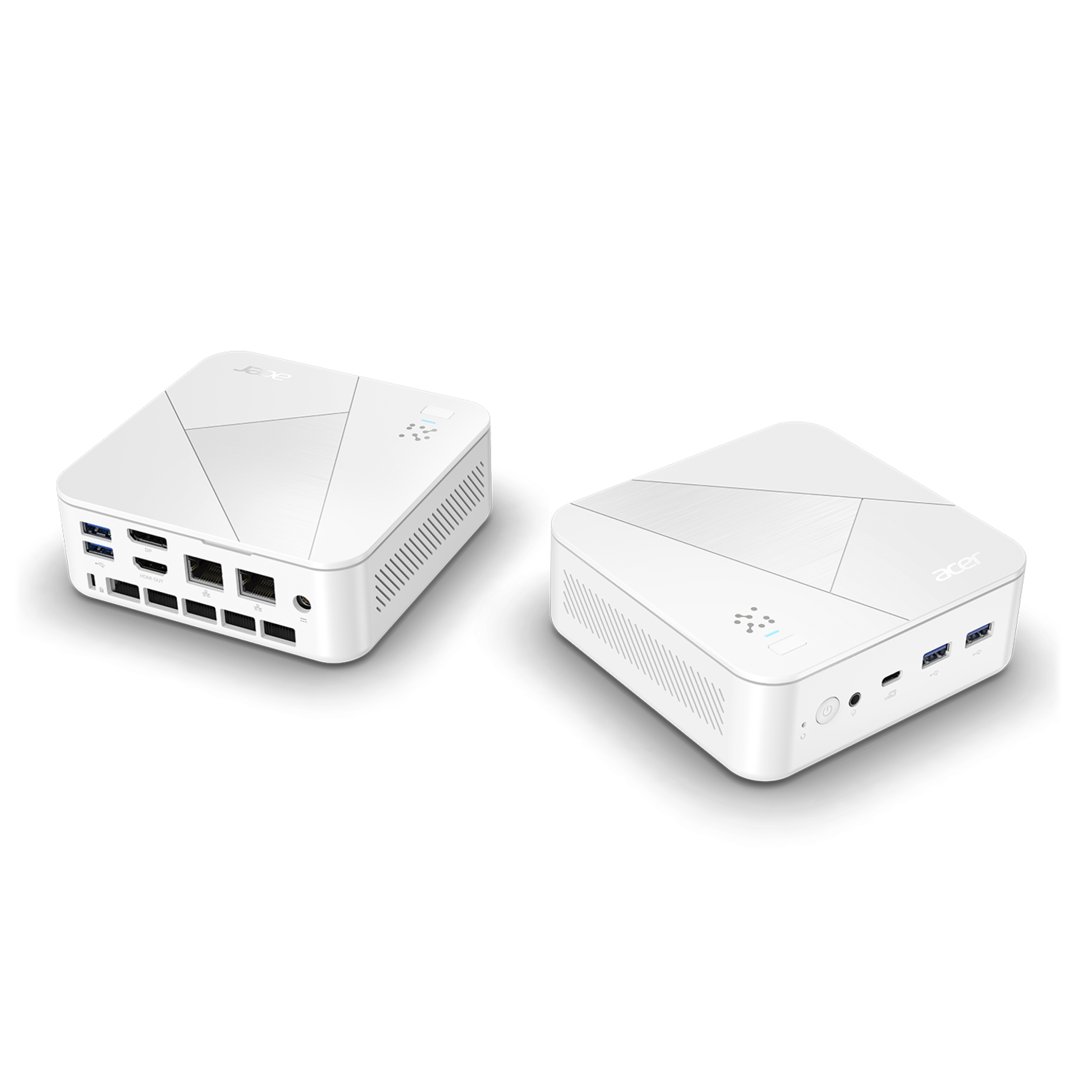 White desktop computers. Two units angled towards each other.