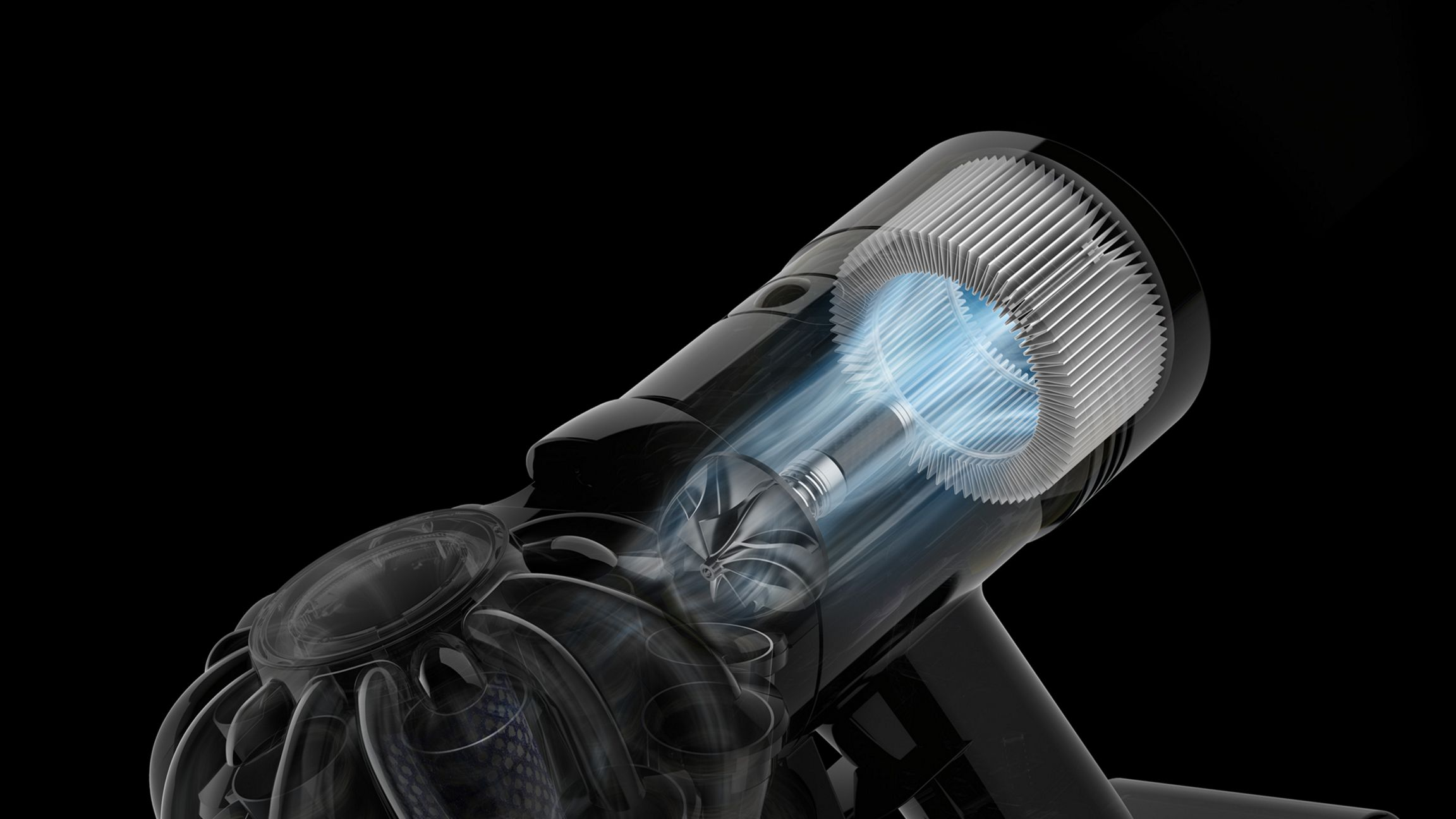 Sèche-cheveux Dyson, noir avec reflets bleus. Montre les composants internes et le flux d'air.