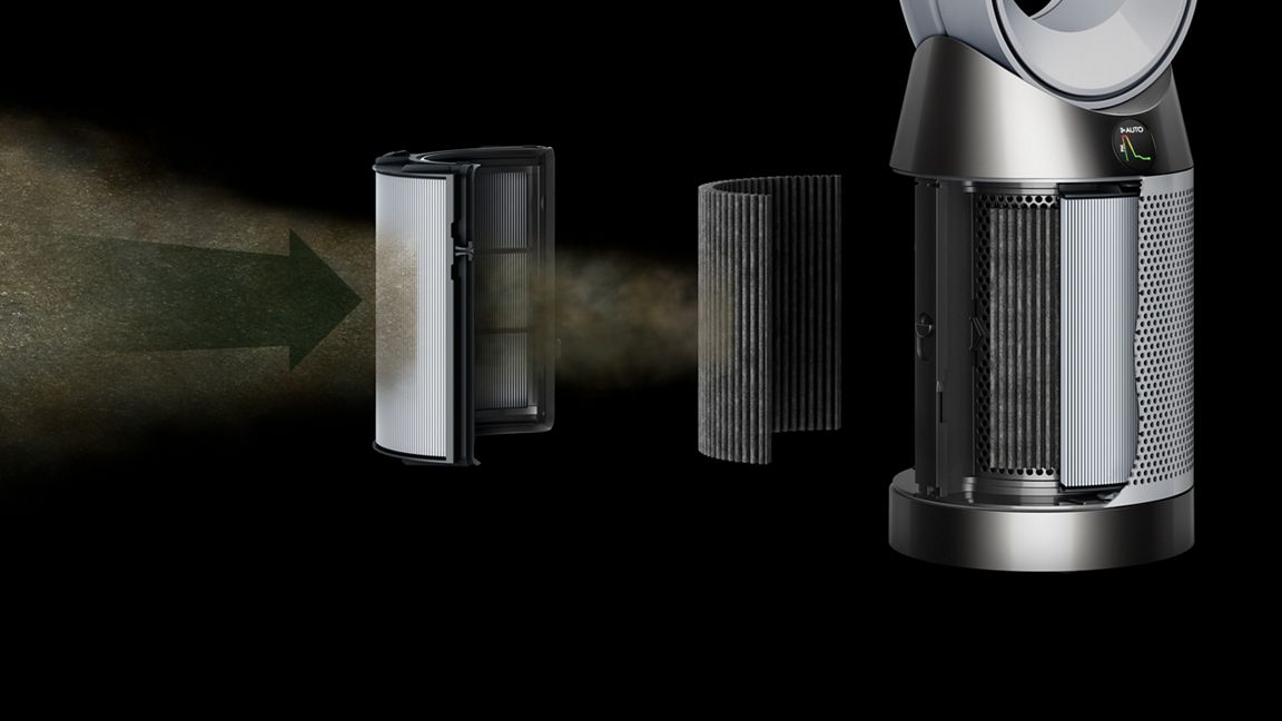 Les composants internes du filtre d'un purificateur d'air Dyson, avec une flèche indiquant le flux d'air.