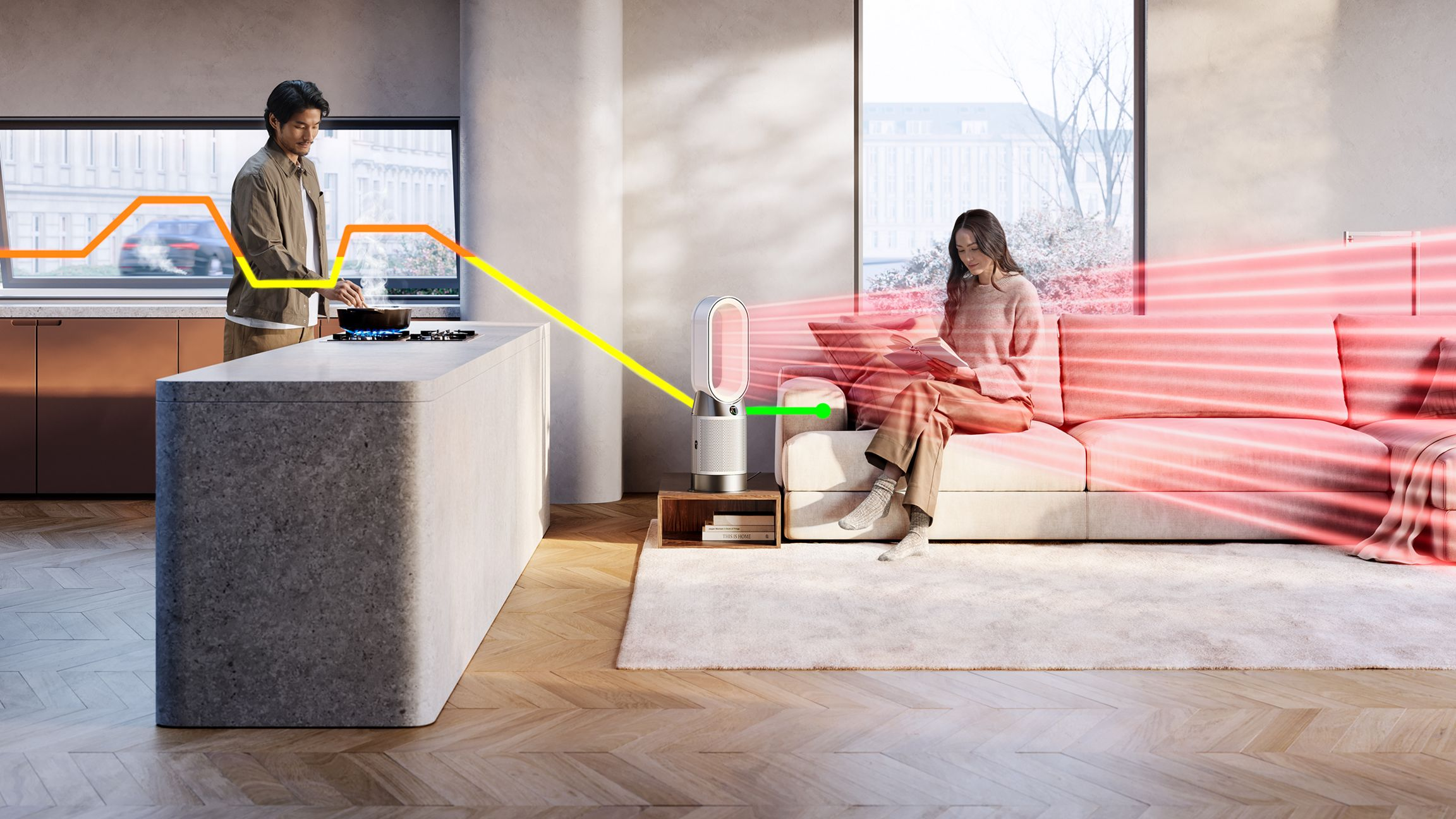 Une femme près d'un ventilateur, un homme dans la cuisine. Chaleur et flux d'air visualisés.