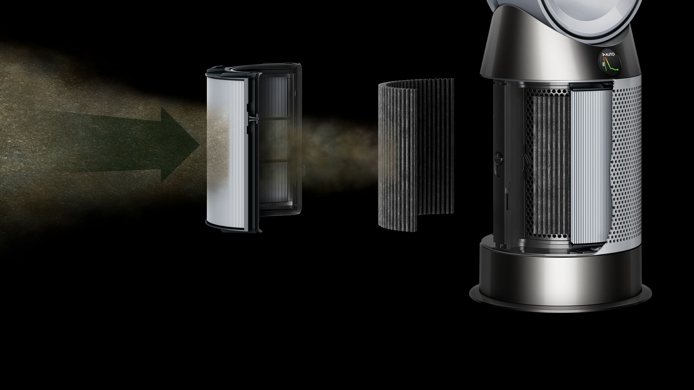 Composants du filtre du purificateur d'air et arrivée d'air sale.