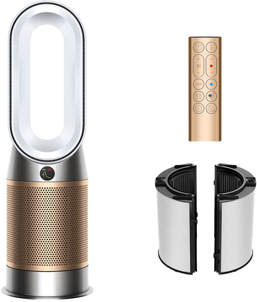 Purificateur d'air Dyson avec télécommande et filtres, sur fond blanc.