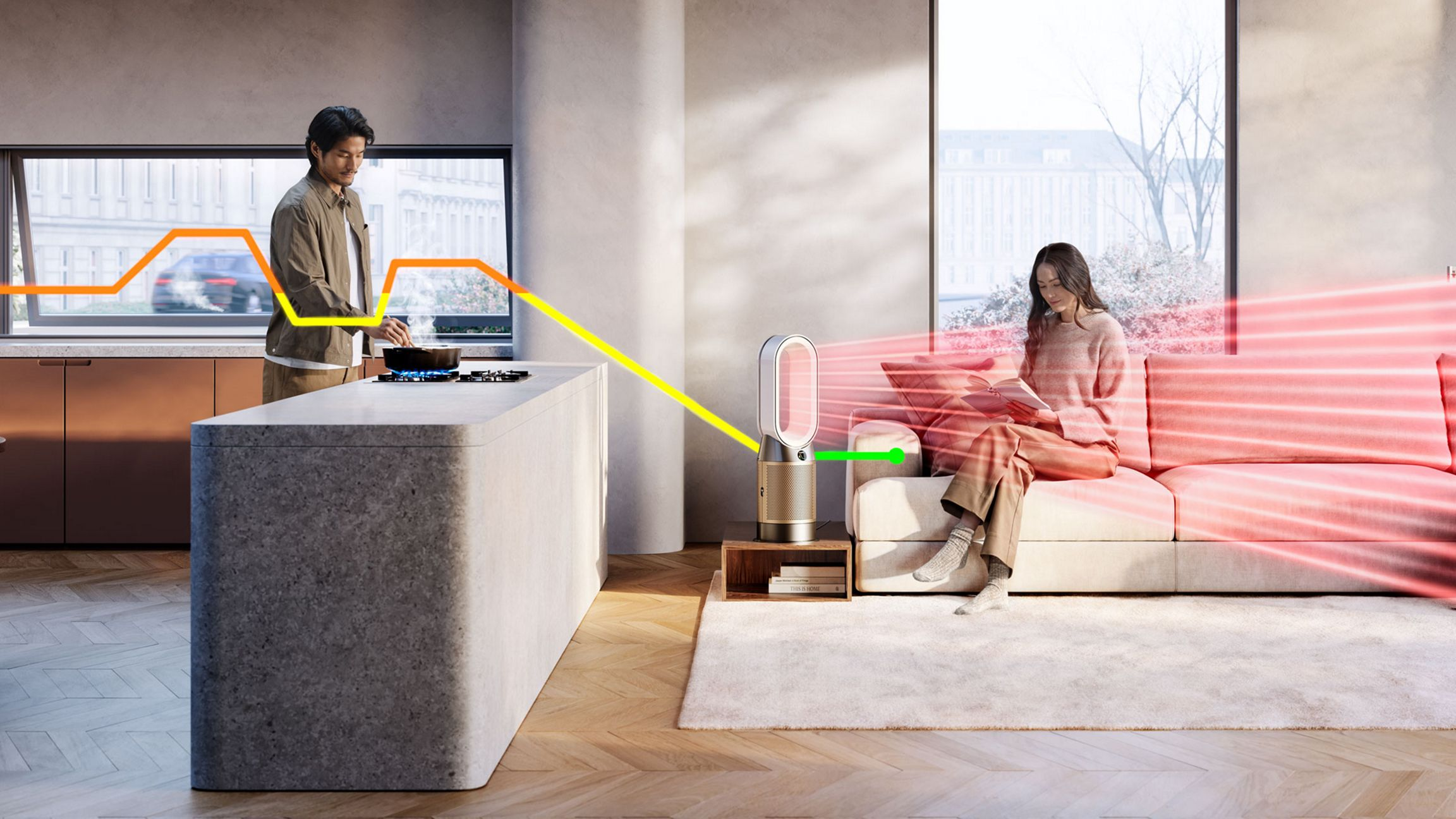 Un homme cuisinant, une femme assise, avec un ventilateur et des ondes de chaleur représentées.