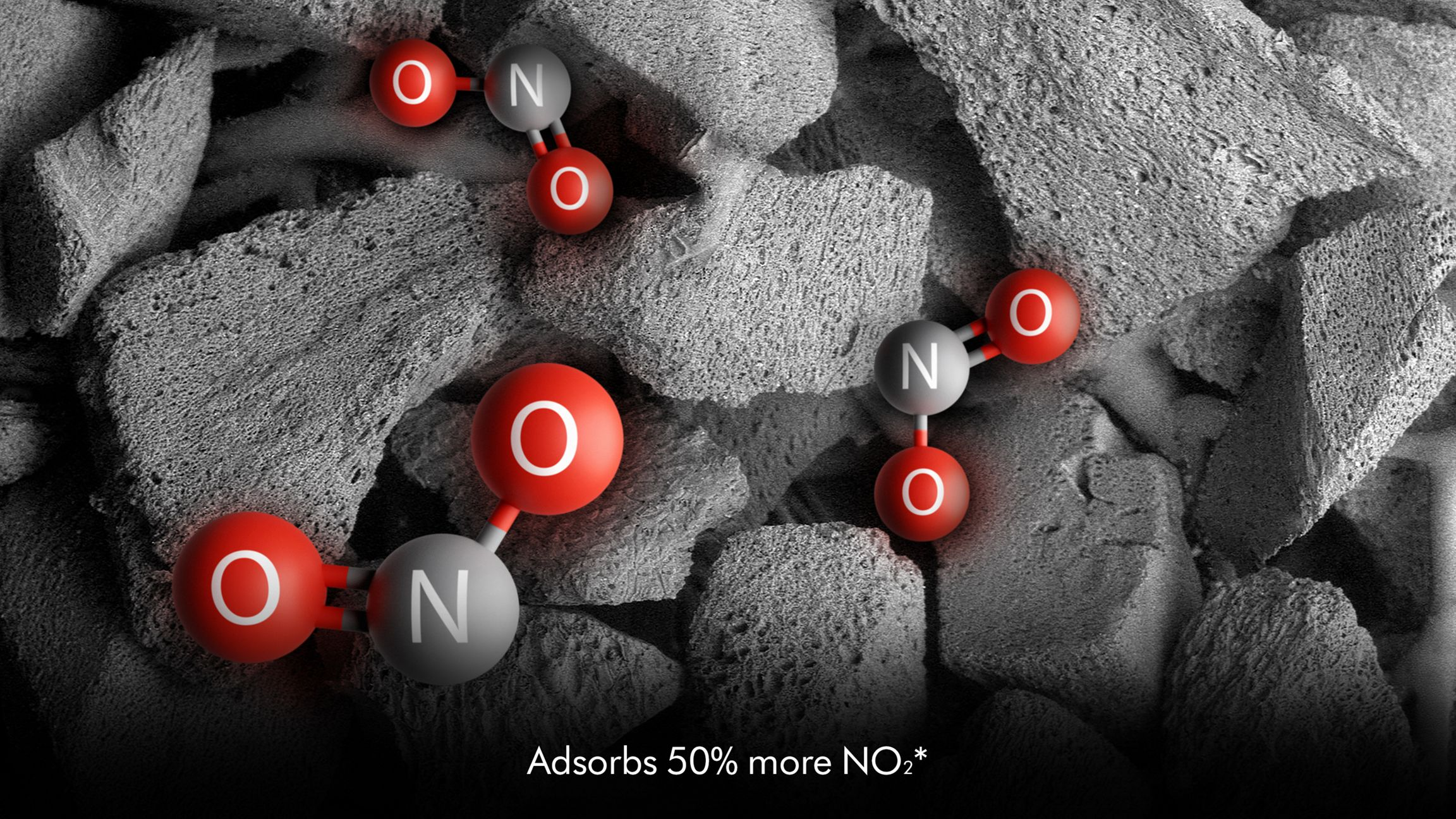 Molécules: oxygène rouge, azote gris sur roches grises. Texte : Absorbe 50% de NO2 en plus.