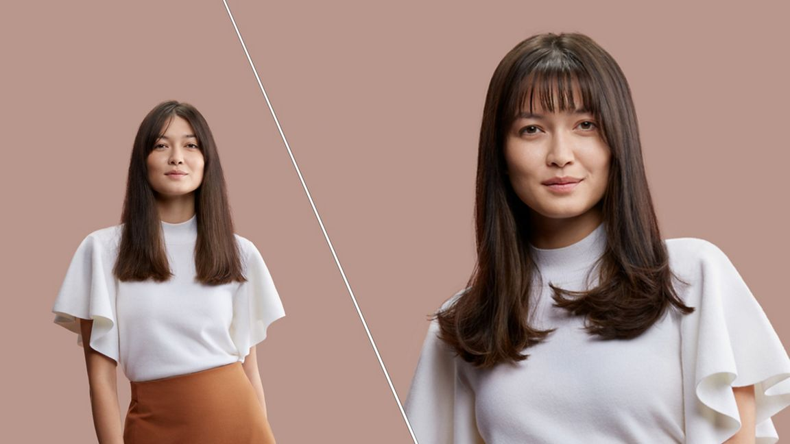 Deux images d'une femme aux longs cheveux bruns et haut blanc. Une avec frange, une sans.