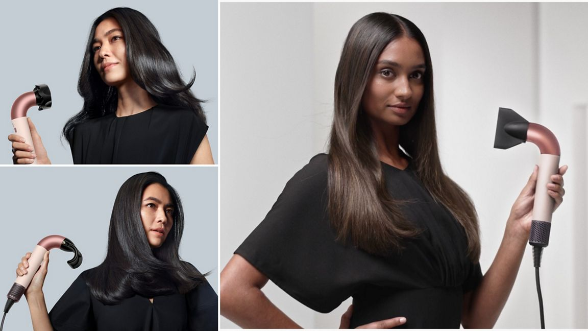 Modèles avec différentes coiffures utilisant un sèche-cheveux.
