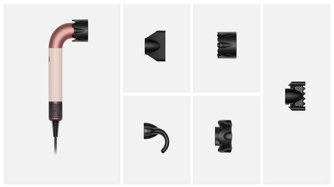 Un sèche-cheveux et de multiples accessoires sont affichés. Le sèche-cheveux est rose et noir. Les accessoires sont noirs.
