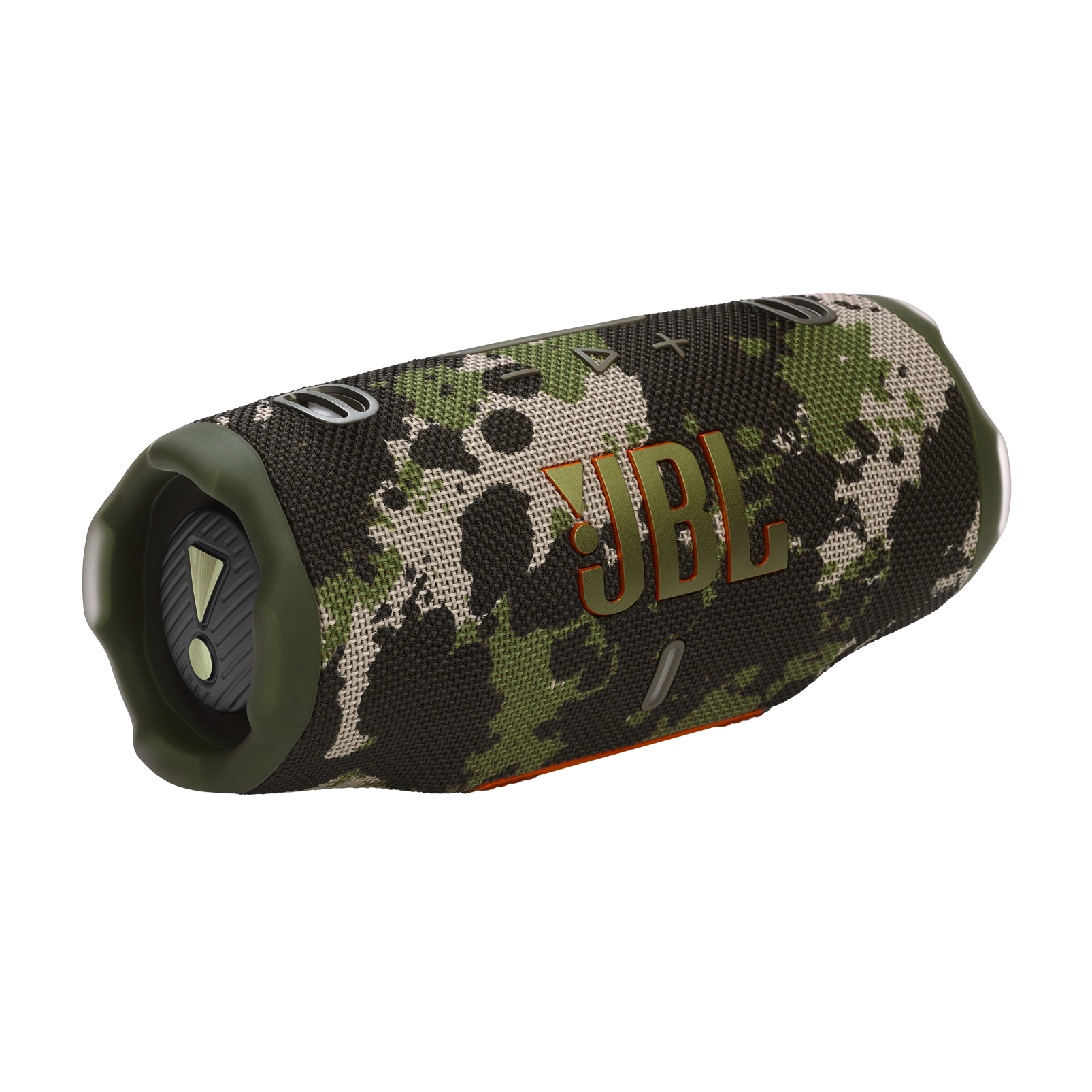 Turuncu vurgularla kamuflaj desenli JBL hoparlör.