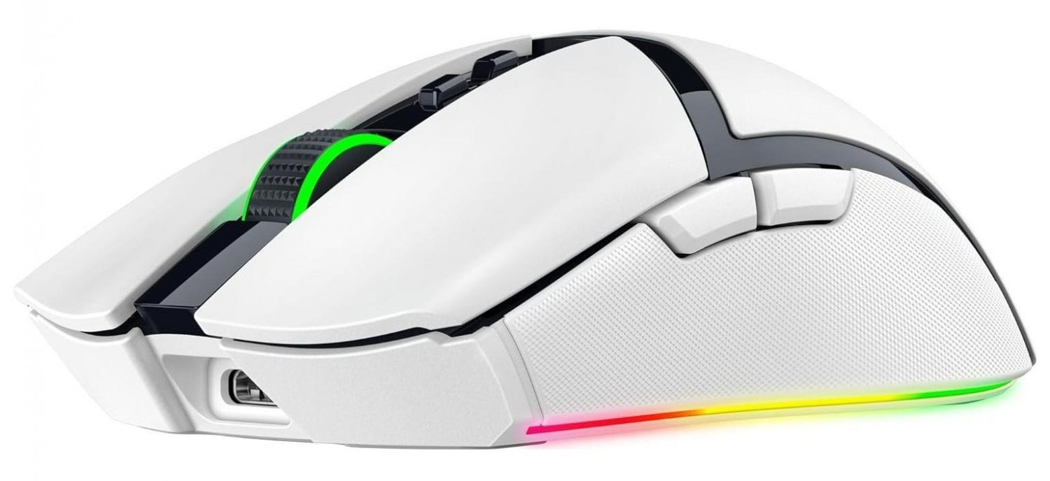 Biała mysz gamingowa. Czarno-zielone kółko przewijania. Kolorowy pasek świetlny na dole.