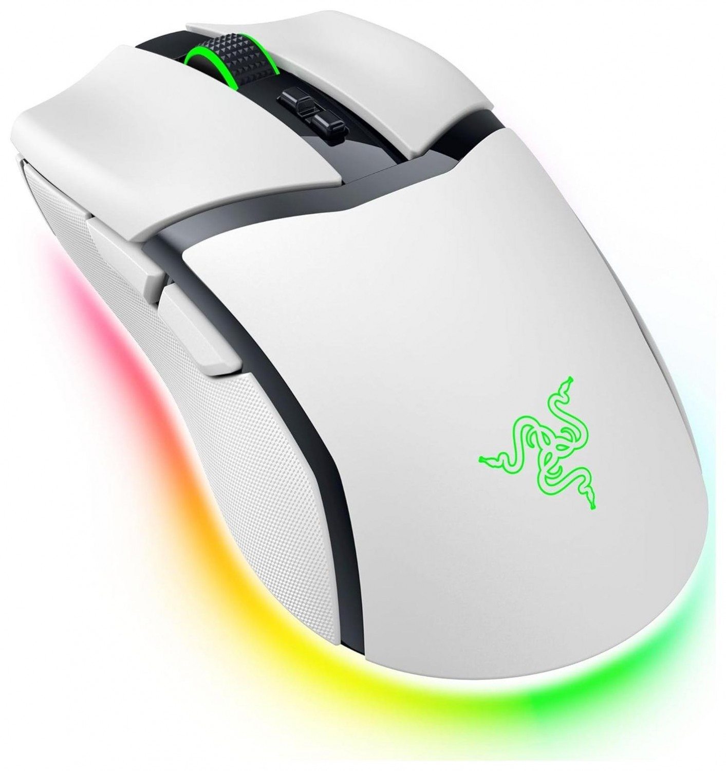 Biała mysz do gier z oświetleniem RGB. Mysz ma zielone logo i kółko przewijania.